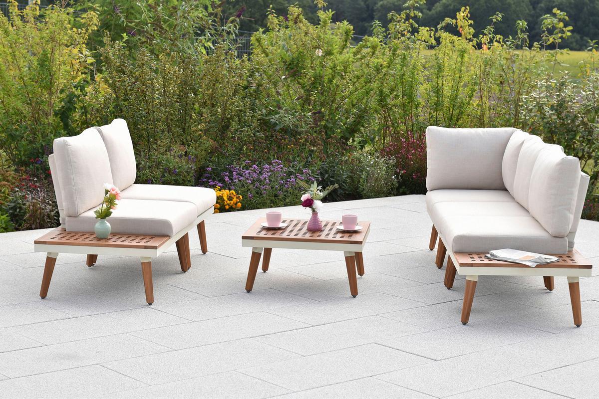 Loungegarnitur Delphi Echtholz/Metall - Beige/Weiß, KONVENTIONELL, Holz/Textil - Gardenson
