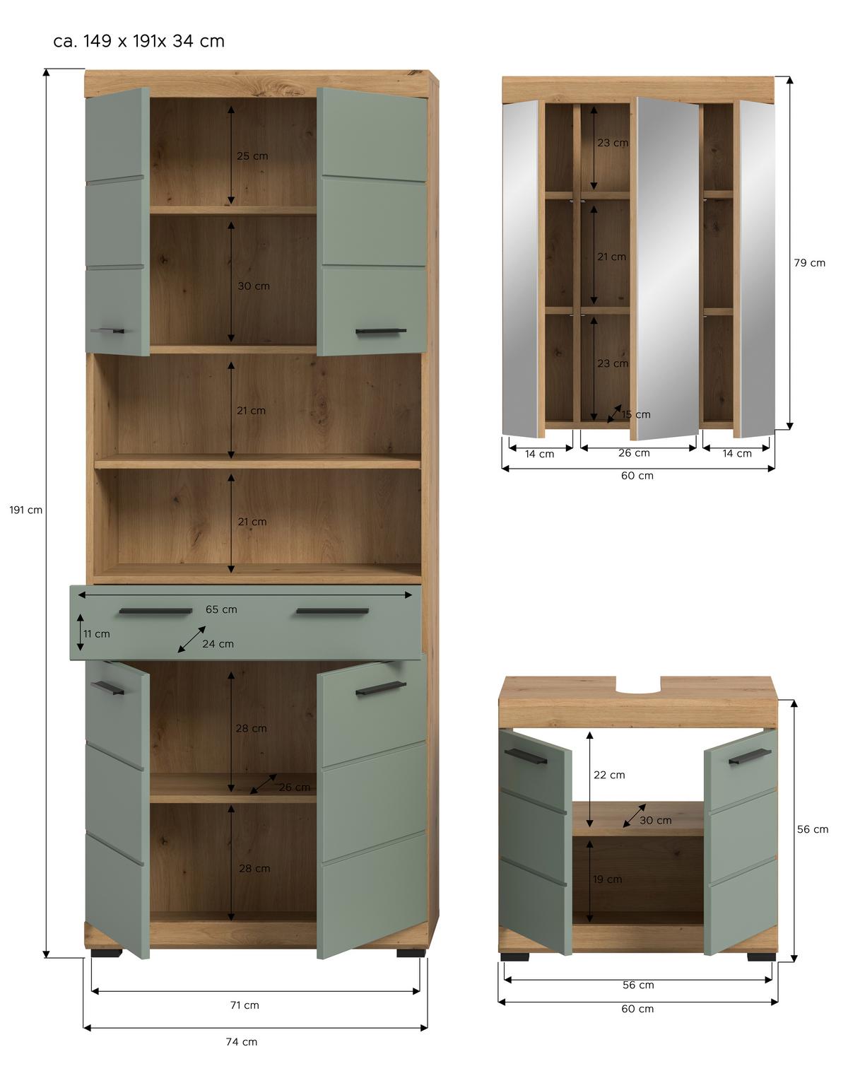 Badezimmer Scout 3-tlg. ca. 134 cm Salbeigrün - Schwarz, MODERN, Holzwerkstoff/Kunststoff (134cm) - MID.YOU