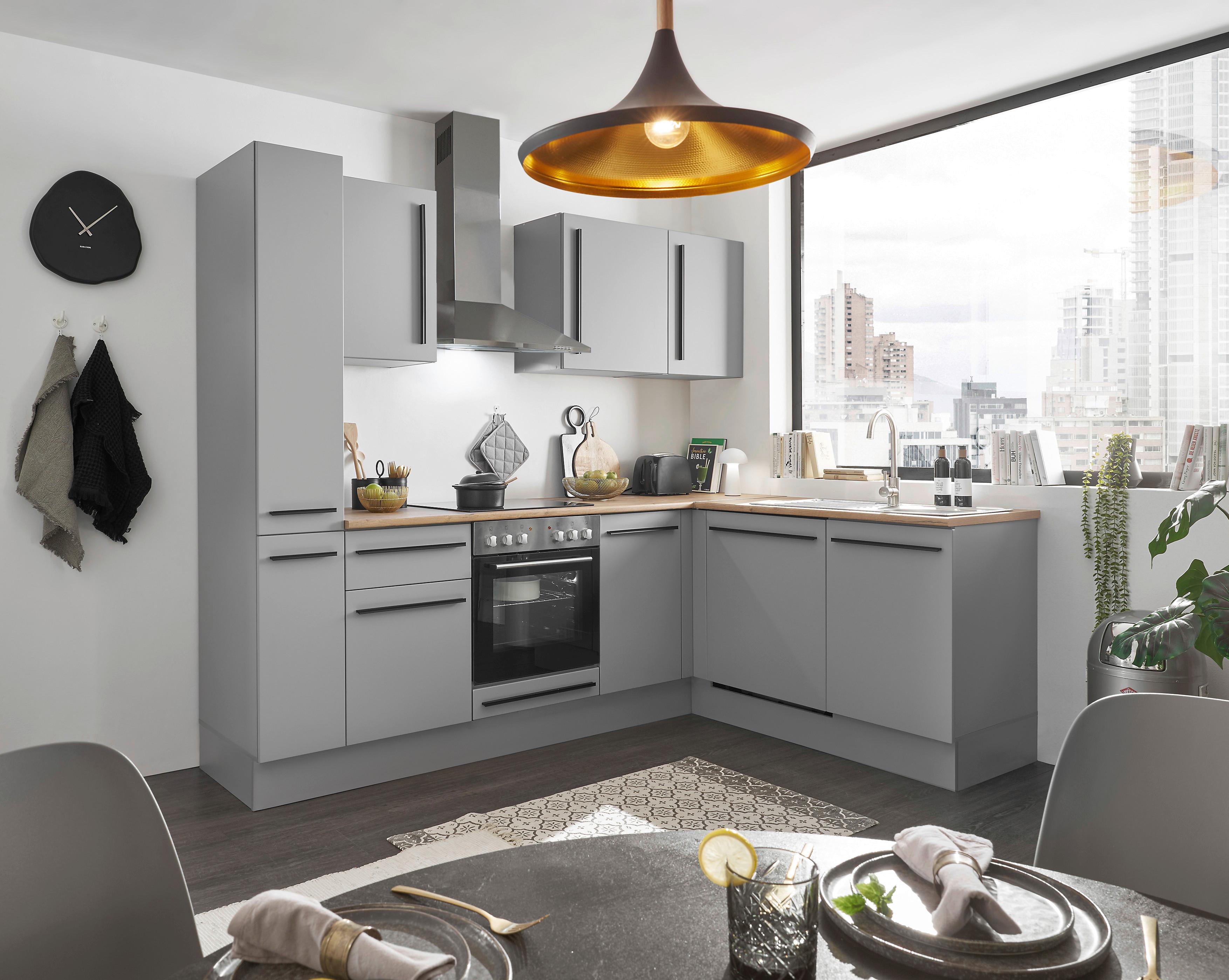 Eckküche Denver mit Geräten ca. 250x175 cm Grau/Eiche - Eichefarben/Schwarz, Design, Holzwerkstoff/Kunststoff (250/175cm) - P & B