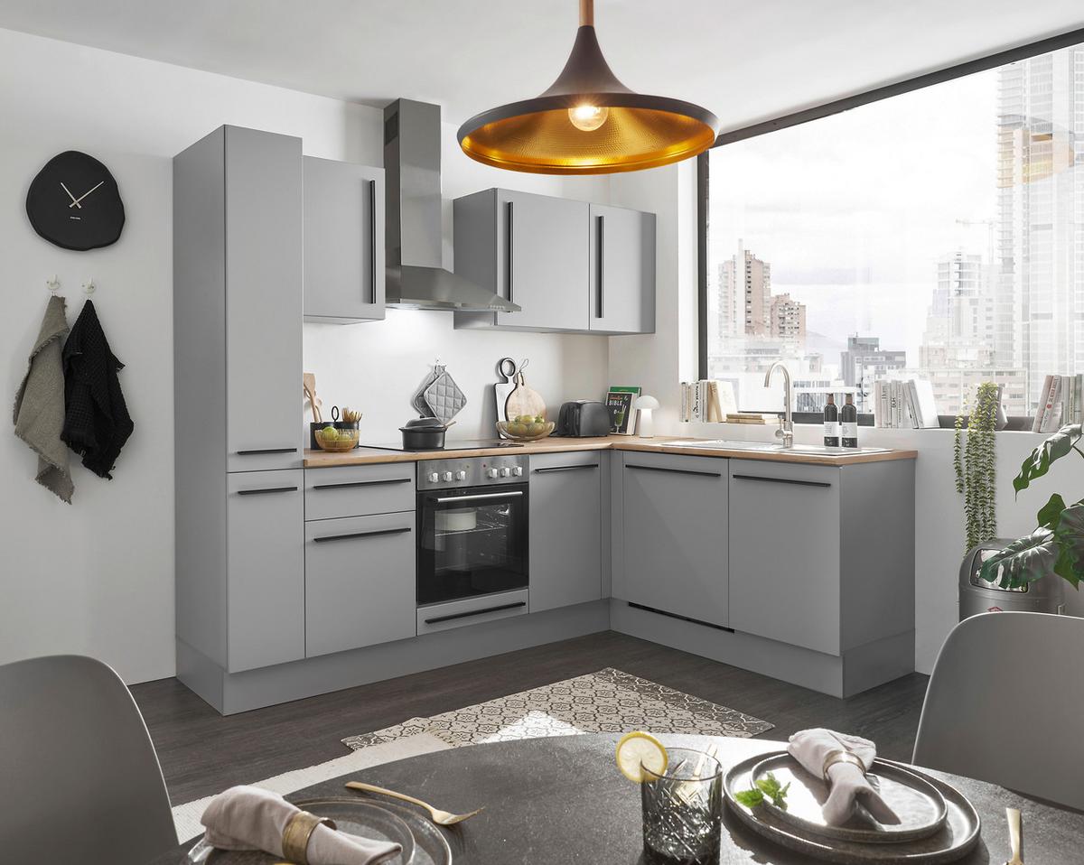 Eckküche Denver mit Geräten ca. 250x175 cm Grau/Eiche - Eichefarben/Schwarz, Design, Holzwerkstoff/Kunststoff (250/175cm) - P & B