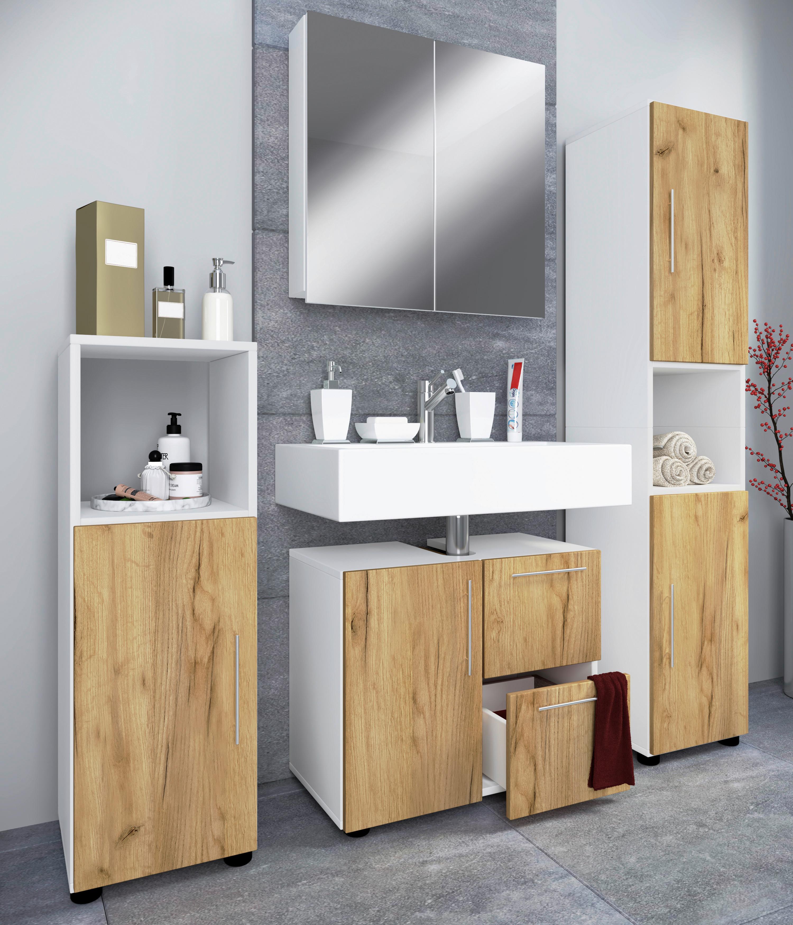Kopalnica Flandu, Bela, Hrast, 4-Delno - srebrne barve/črna, Moderno, umetna masa/leseni material (123cm) - MID.YOU