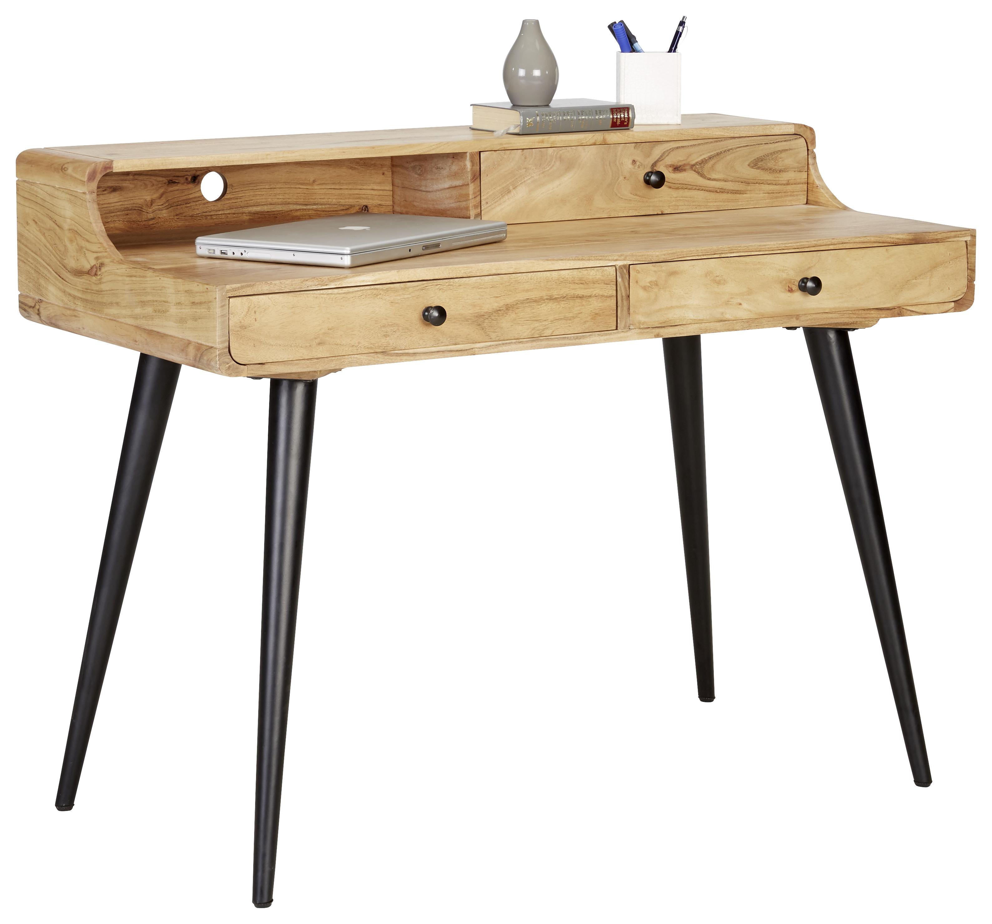 Schreibtisch aus Akazie Teilmassiv - Schwarz/Akaziefarben, MODERN, Holz/Metall (115/90/60cm) - Modern Living