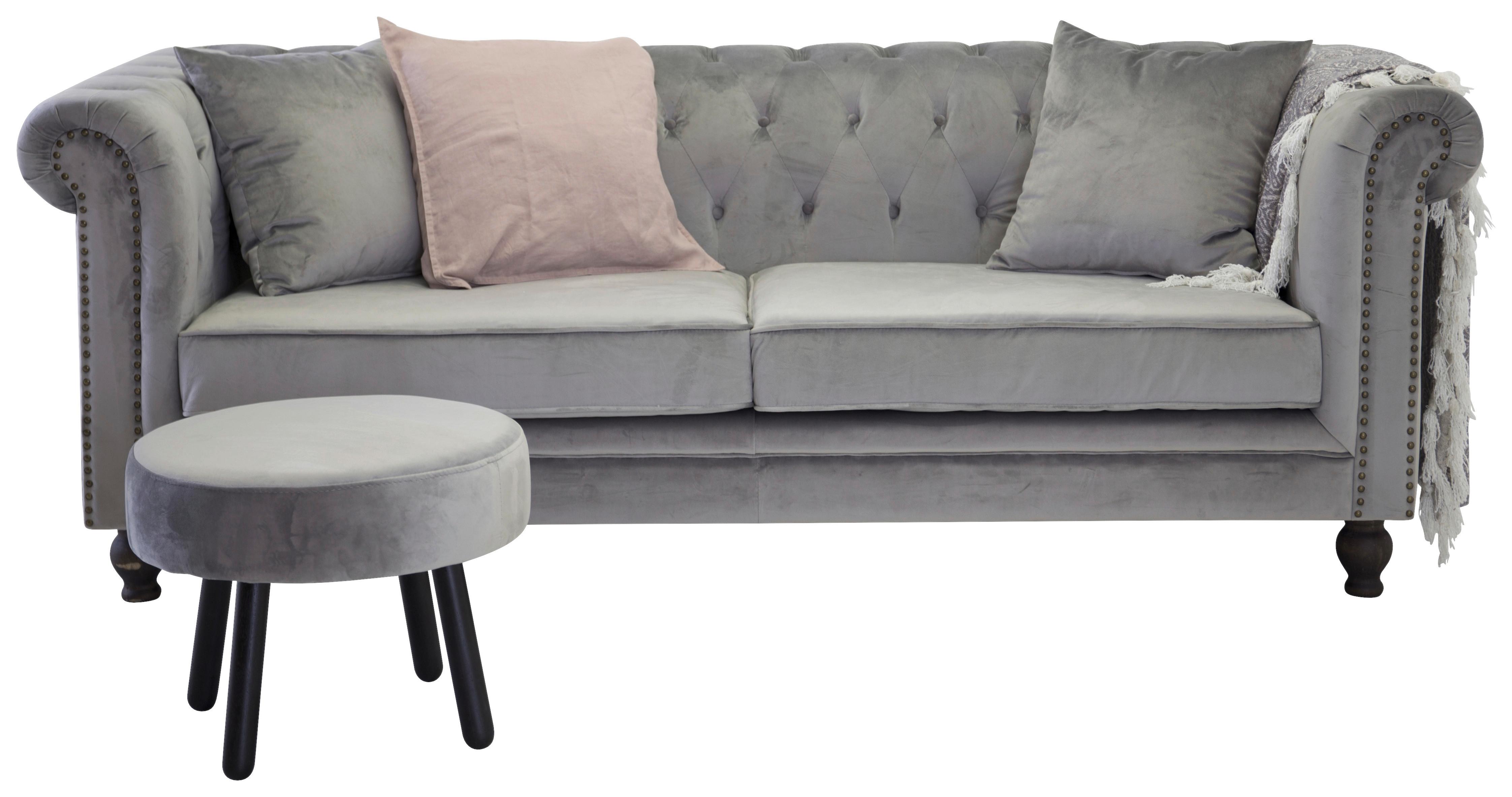 CHESTERFIELD-SOFA VELVET - Hellgrau, Design, Holz/Textil (217/80/88cm) - Livetastic
