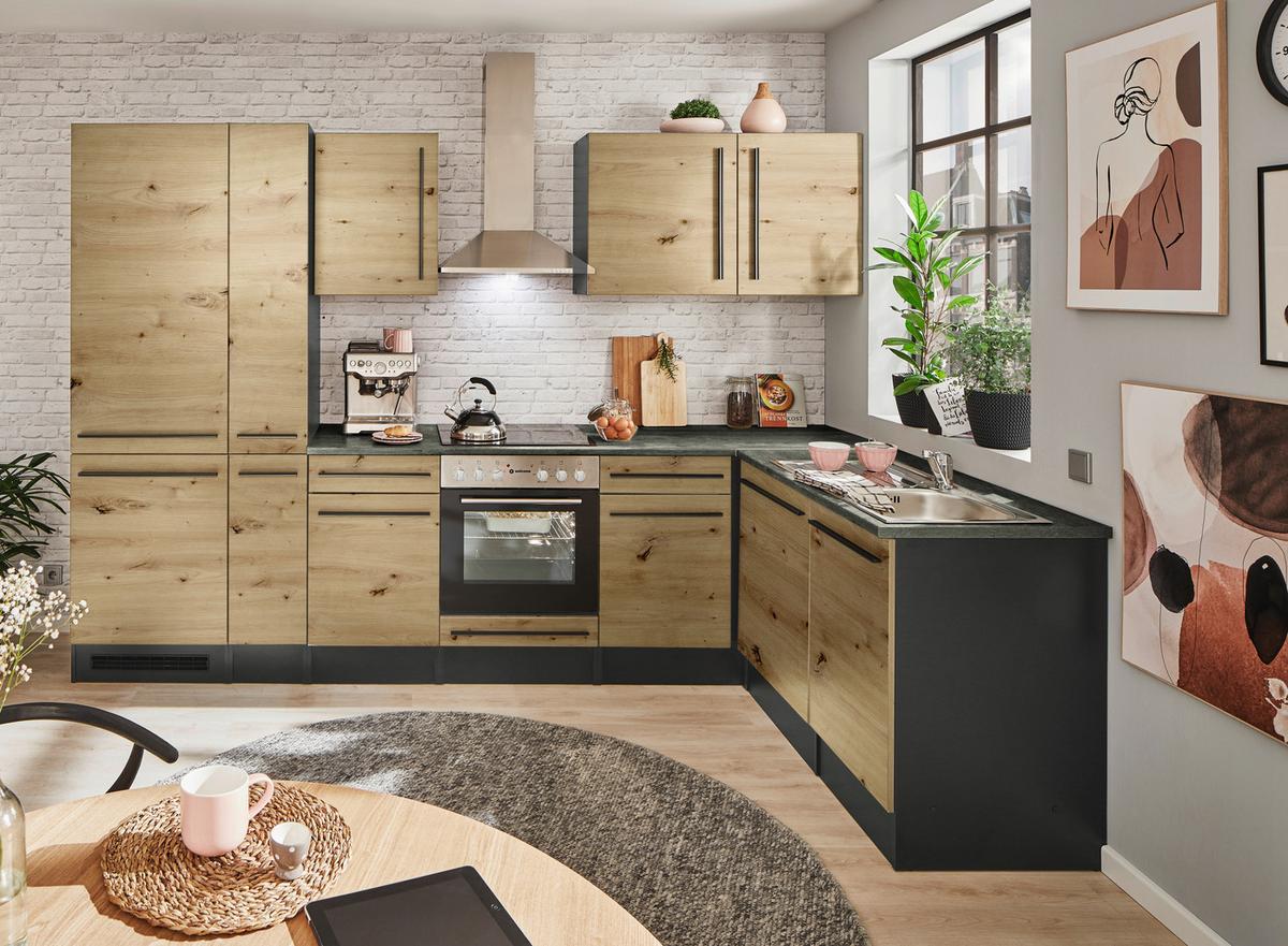Eckküche Jazz mit Geräten ca.310x175cm Eiche/Anthrazit - Anthrazit/Schwarz, LIFESTYLE, Holzwerkstoff/Kunststoff (310/175cm) - P & B