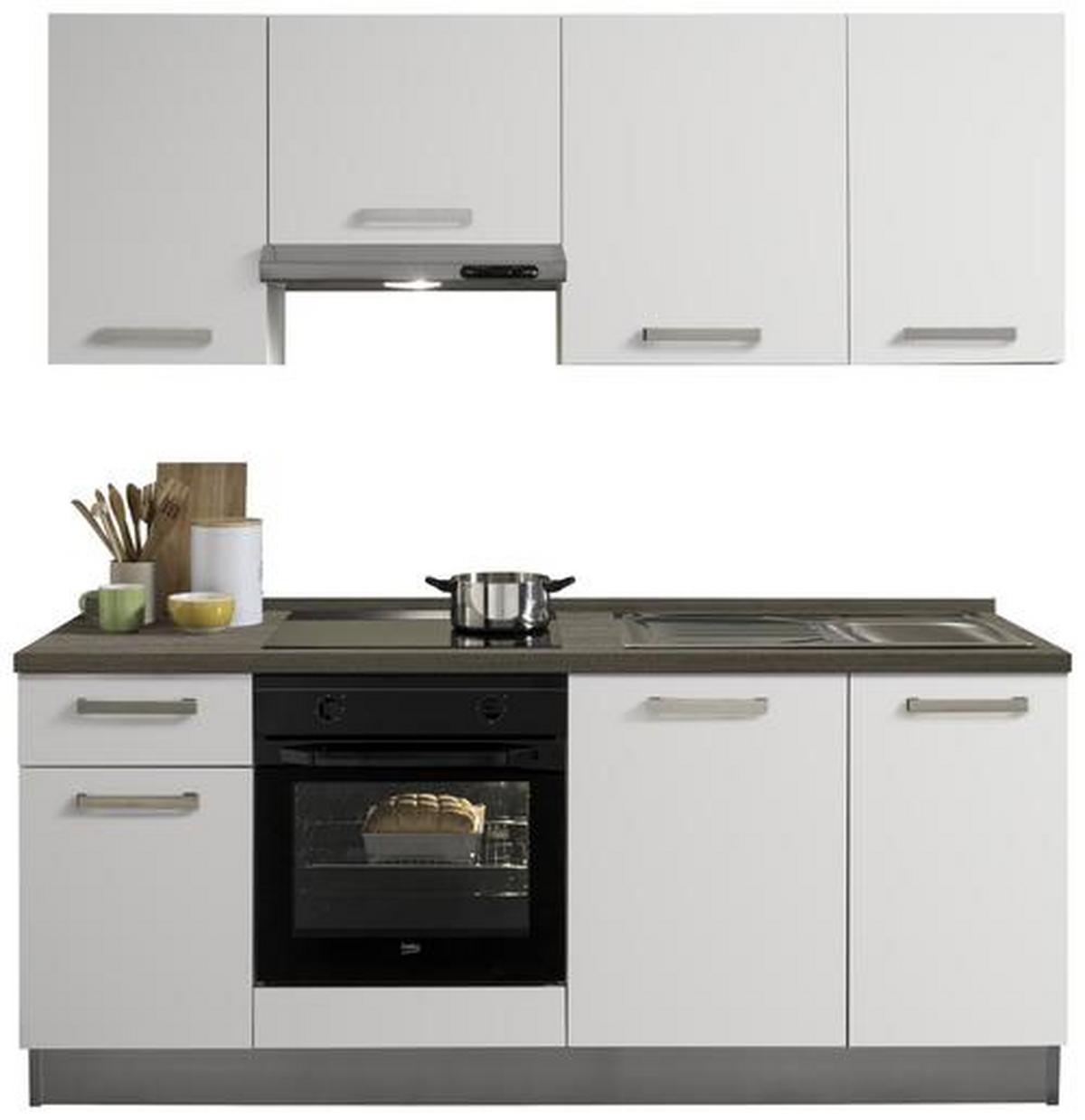 Küchenblock Belluna m. Geräten Weiß - Eiche grau/Alufarben, Basics, Holzwerkstoff/Kunststoff (210cm) - MID.YOU