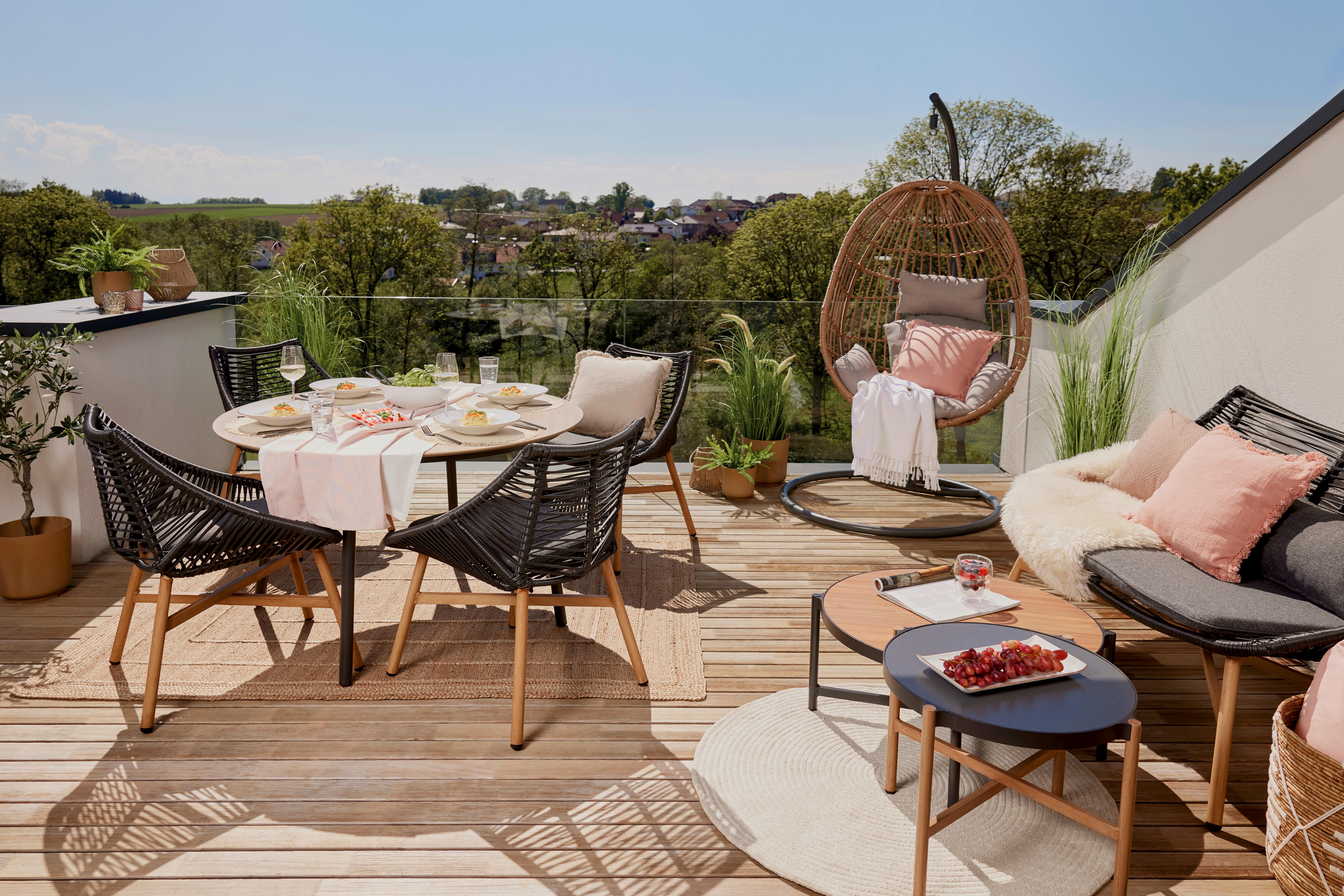 Gartentischgruppe Carmello Schwarz/Teakfarben - Anthrazit/Schwarz, Modern, Kunststoff/Textil - Mömax