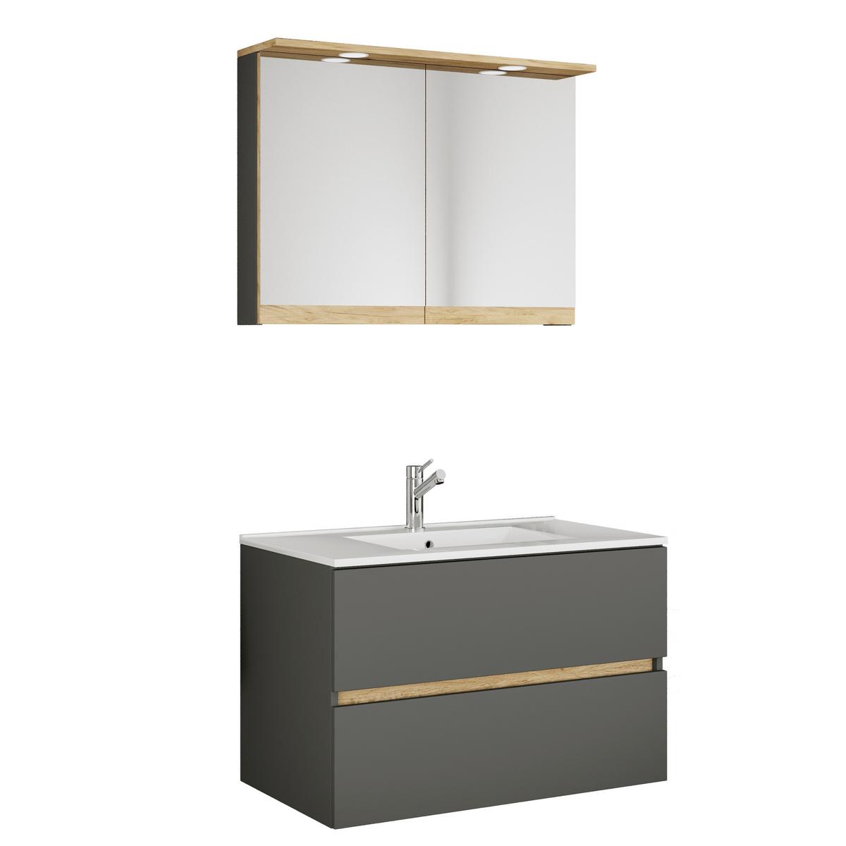 Badezimmer Cosila - Honigeiche/Weiss, Trend, Keramik/Holzwerkstoff (110cm) - MID.YOU