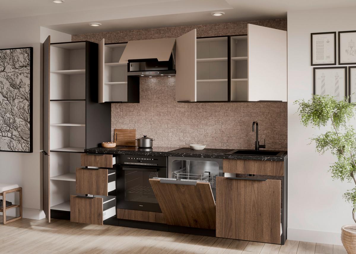 Bucatarie fara electrocasnice MONZA/ARONA - cașmir/culoare lemn de nuc, Modern, material pe bază de lemn (280/210/60cm) - Modern Living