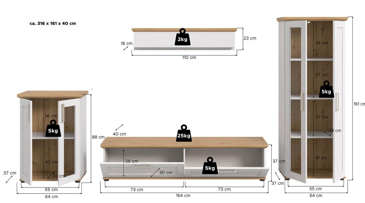 Dnevni Regal Verona, Bela, Barva Macesna, 4-Delni - srebrne barve/črna, Design, umetna masa/leseni material (316/161/40cm) - Livetastic