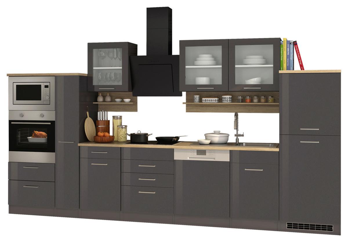 Küchenblock Mailand m. Geräten Graphitfarben - Silberfarben/Graphitfarben, MODERN, Glas/Holzwerkstoff (370cm) - Held