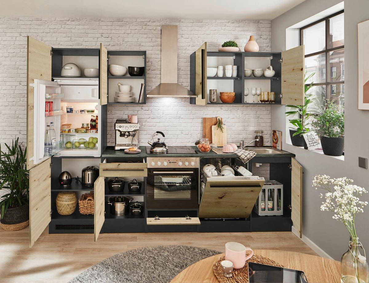 Küchenblock Jazz mit Geräten ca.280cm Eiche/Anthrazit - Anthrazit/Schwarz, LIFESTYLE, Holzwerkstoff/Kunststoff (280cm) - P & B