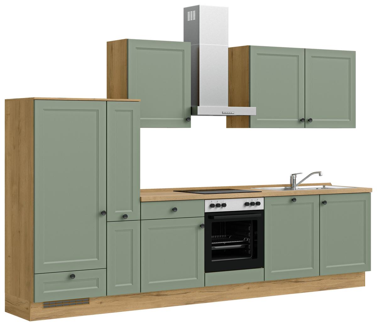 Küchenblock Cascada Low m. Geräten Schilfgrün - Schilfgrün/Eichefarben, MODERN, Holzwerkstoff/Metall (330cm) - Nobilia