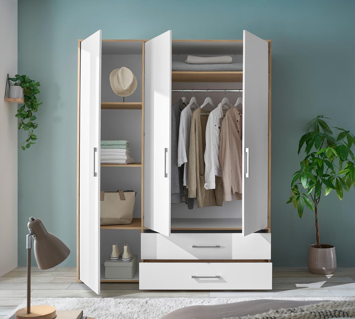 Kleiderschrank Lembo Weiß/Eiche Artisan - Alufarben/Weiß, KONVENTIONELL, Holzwerkstoff/Kunststoff (155/195/60cm) - Based