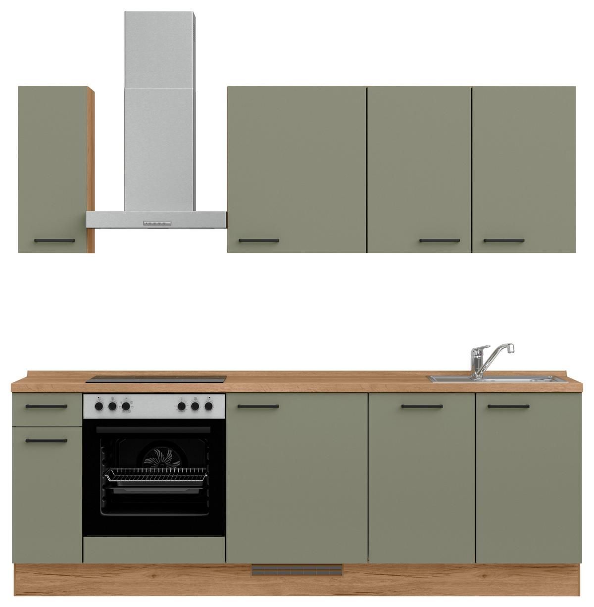 Küchenblock Senso Low m. Geräten Olivgrün - Eichefarben/Schwarz, MODERN, Holzwerkstoff/Metall (240cm) - Nobilia