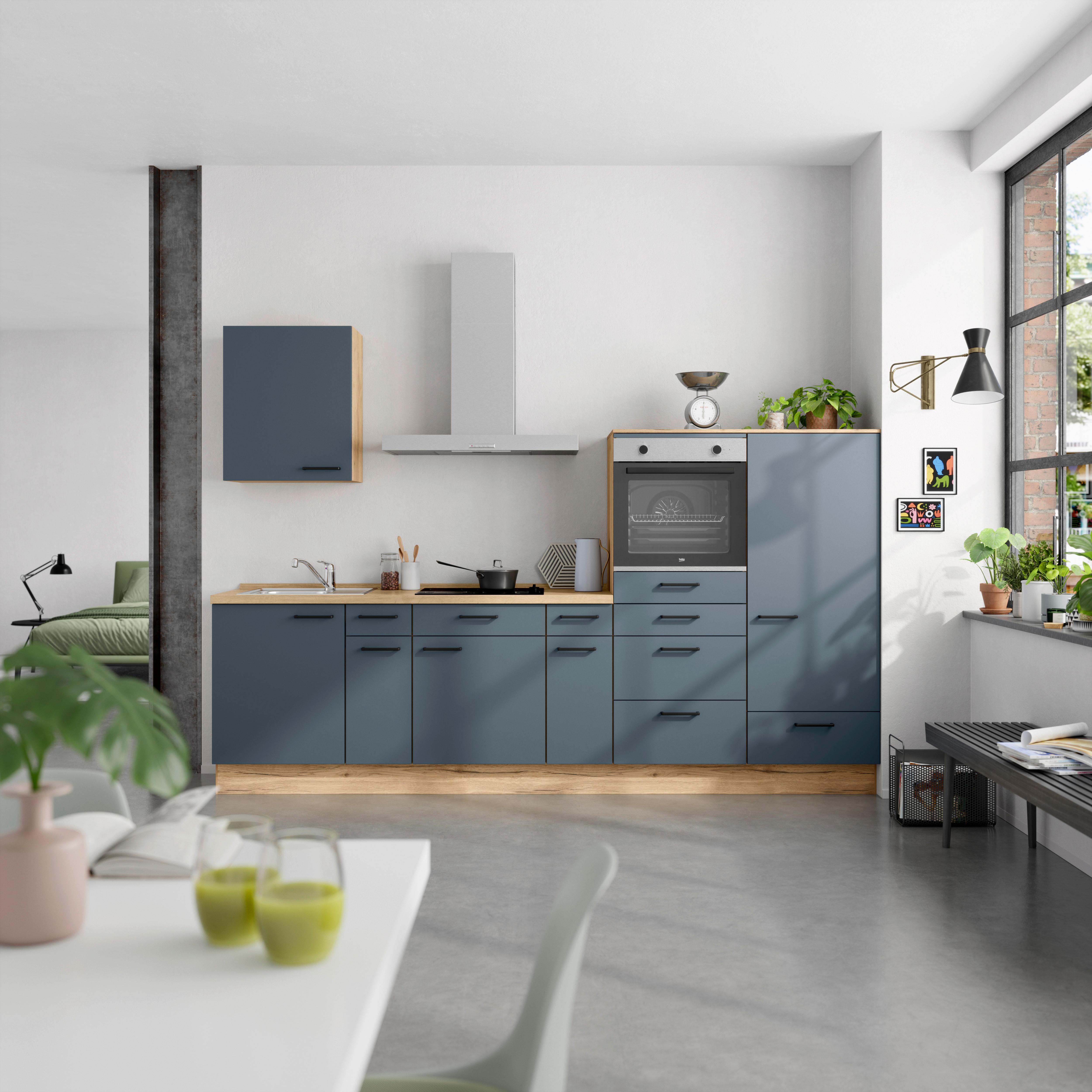 Küchenblock Easytouch Low m. Geräten Blau - Blau/Eichefarben, MODERN, Holzwerkstoff/Metall (300cm) - Nobilia
