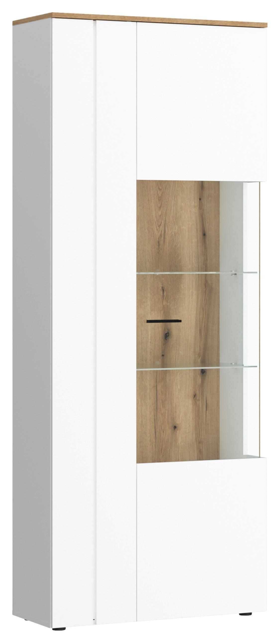 Vitrina Dalano, Bela, Barva Hrasta - črna/barve hrasta, Trend, umetna masa/steklo (77,7/201,8/37,2cm) - Modern Living