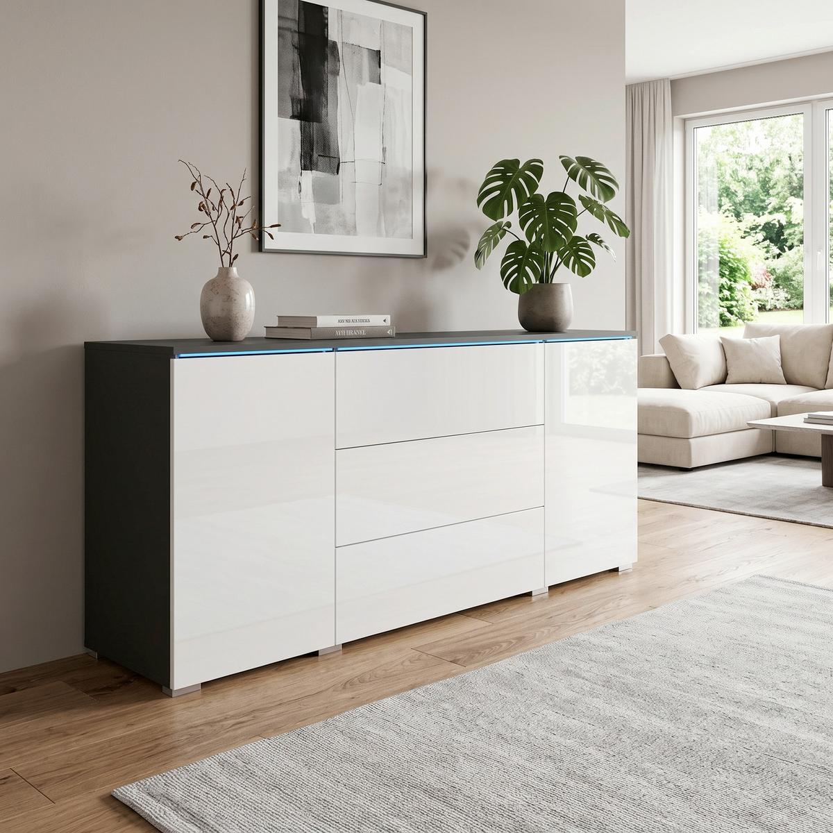 Sideboard Vera mit LED ca. 150 cm Anthrazit/Weiß - Weiß Hochglanz/Anthrazit, Basics, Holzwerkstoff/Kunststoff (150/67,9/39,5cm) - P & B