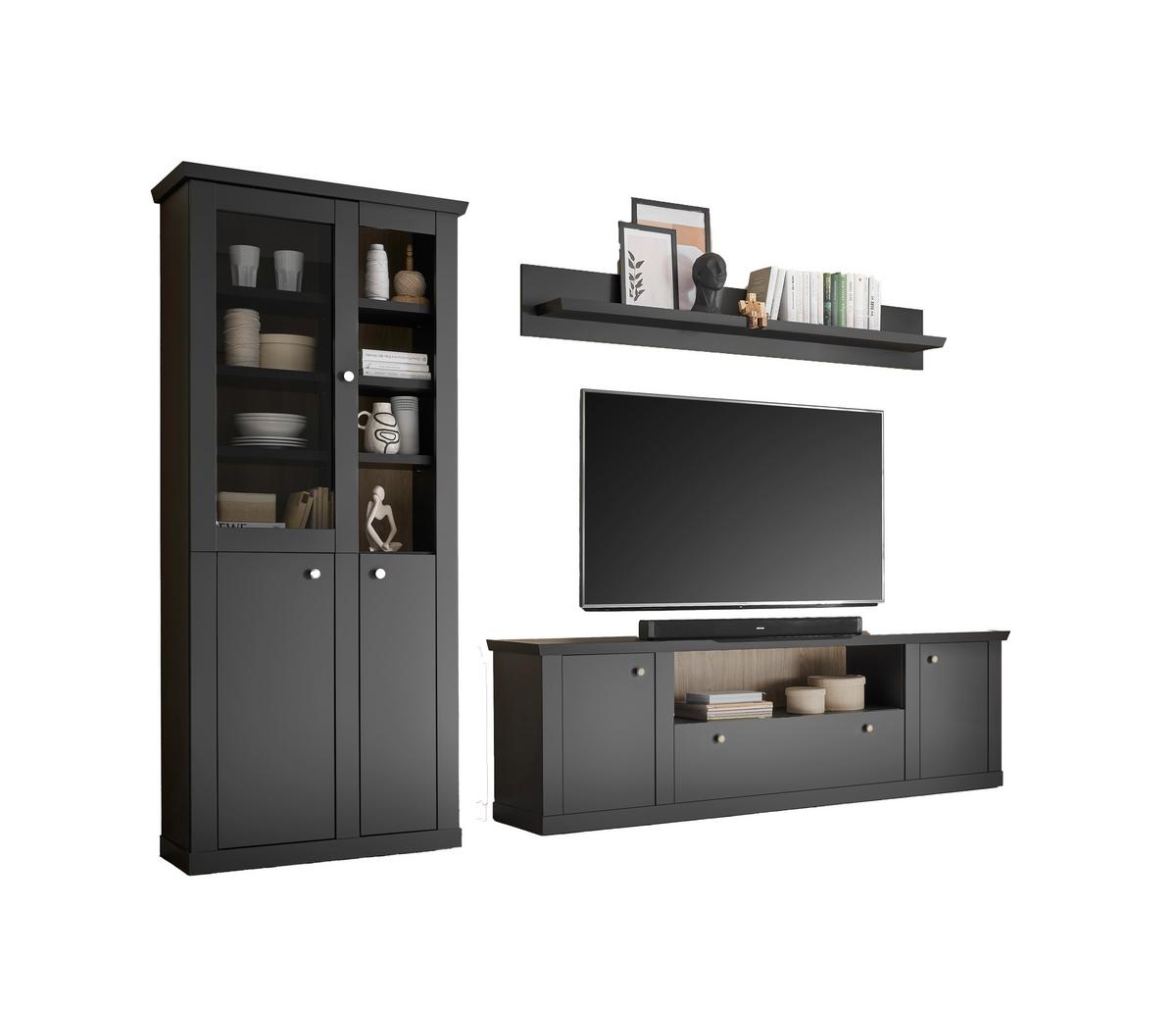Wohnwand Lincoln Schwarz/Eichefarben B: 301cm - Eichefarben/Messingfarben, Design, Holzwerkstoff/Metall (301/200/42cm) - MID.YOU