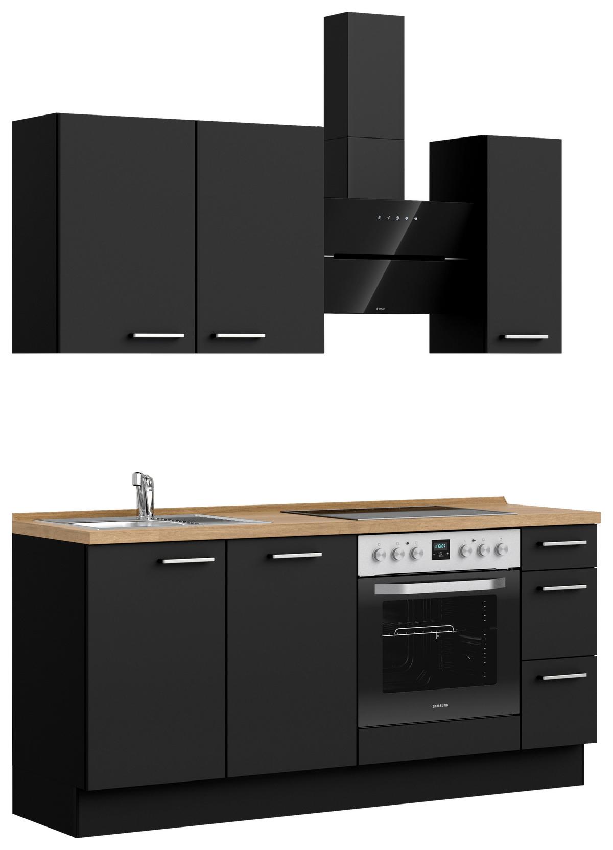 Küchenblock Touch High m. Geräten Schwarz - Edelstahlfarben/Eichefarben, MODERN, Holzwerkstoff/Metall (180cm) - Nobilia