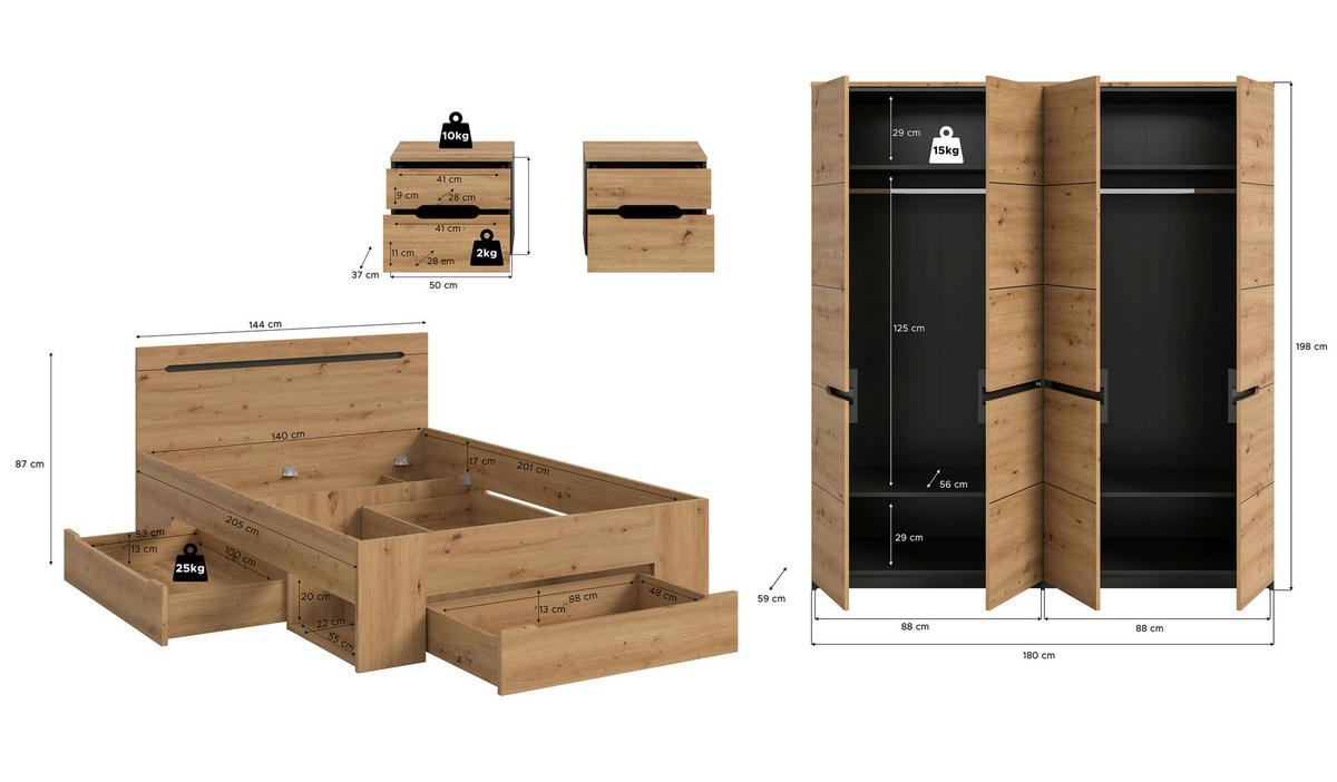 Schlafzimmer CANU 4-teilig Grau, Eiche Artisan - Eiche Artisan/Grau, MODERN, Holzwerkstoff - MID.YOU