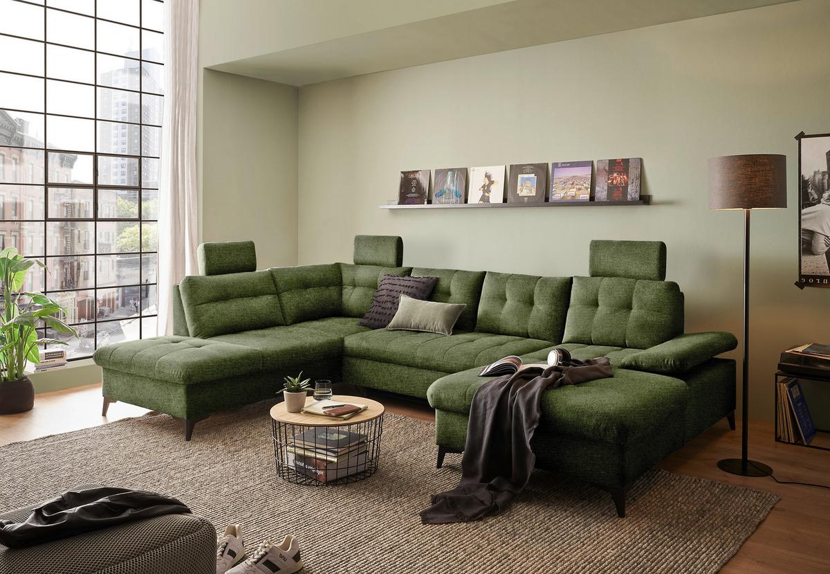 Wohnlandschaft Durban U ca. 218x324x170 cm Olivgrün - Schwarz/Olivgrün, KONVENTIONELL, Kunststoff/Textil (218/324/170cm) - MID.YOU