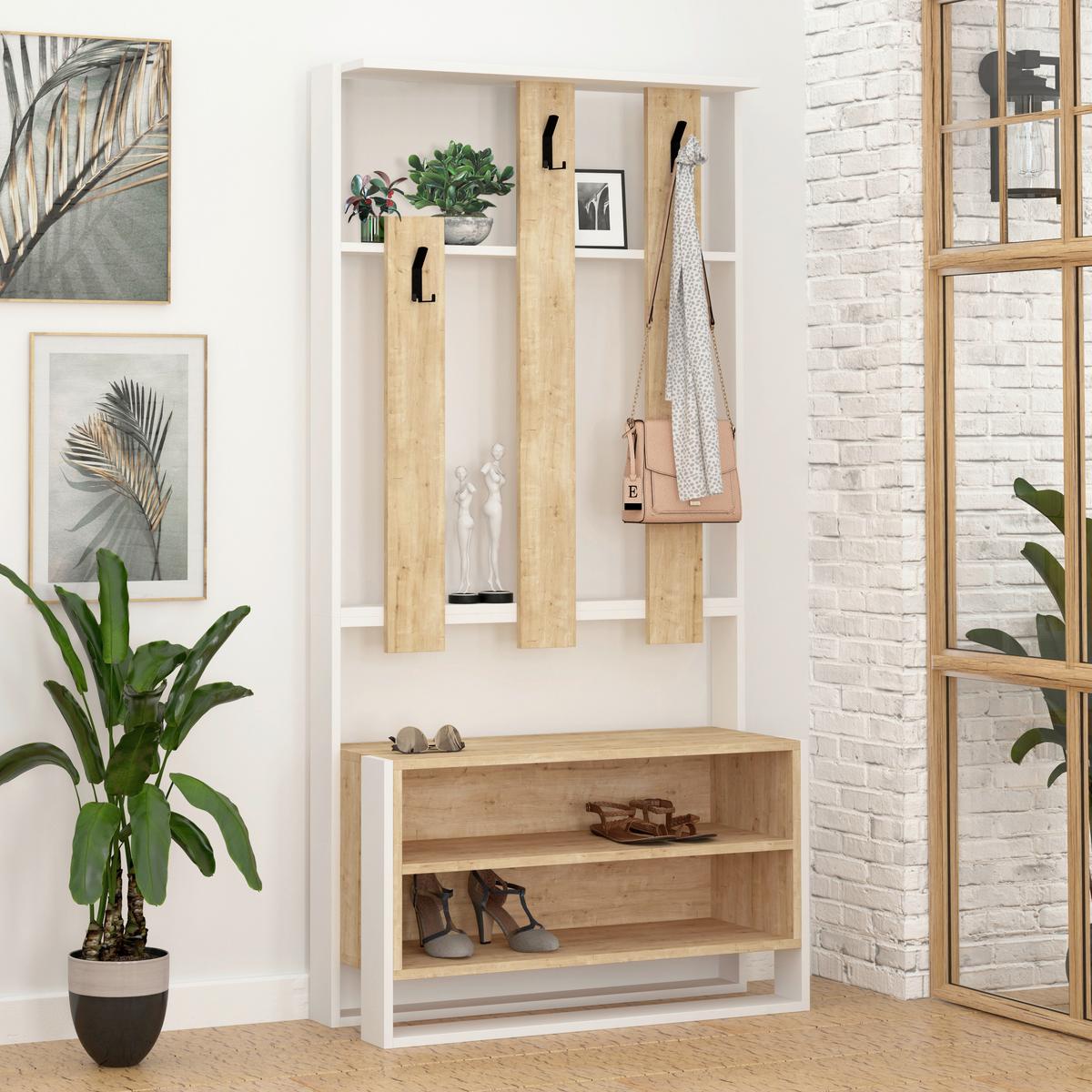 GARDEROBENSCHRANK CHESTER HALL STAND - Weiss/Eichefarben, Design, Holzwerkstoff (90/180/36cm) - Livetastic