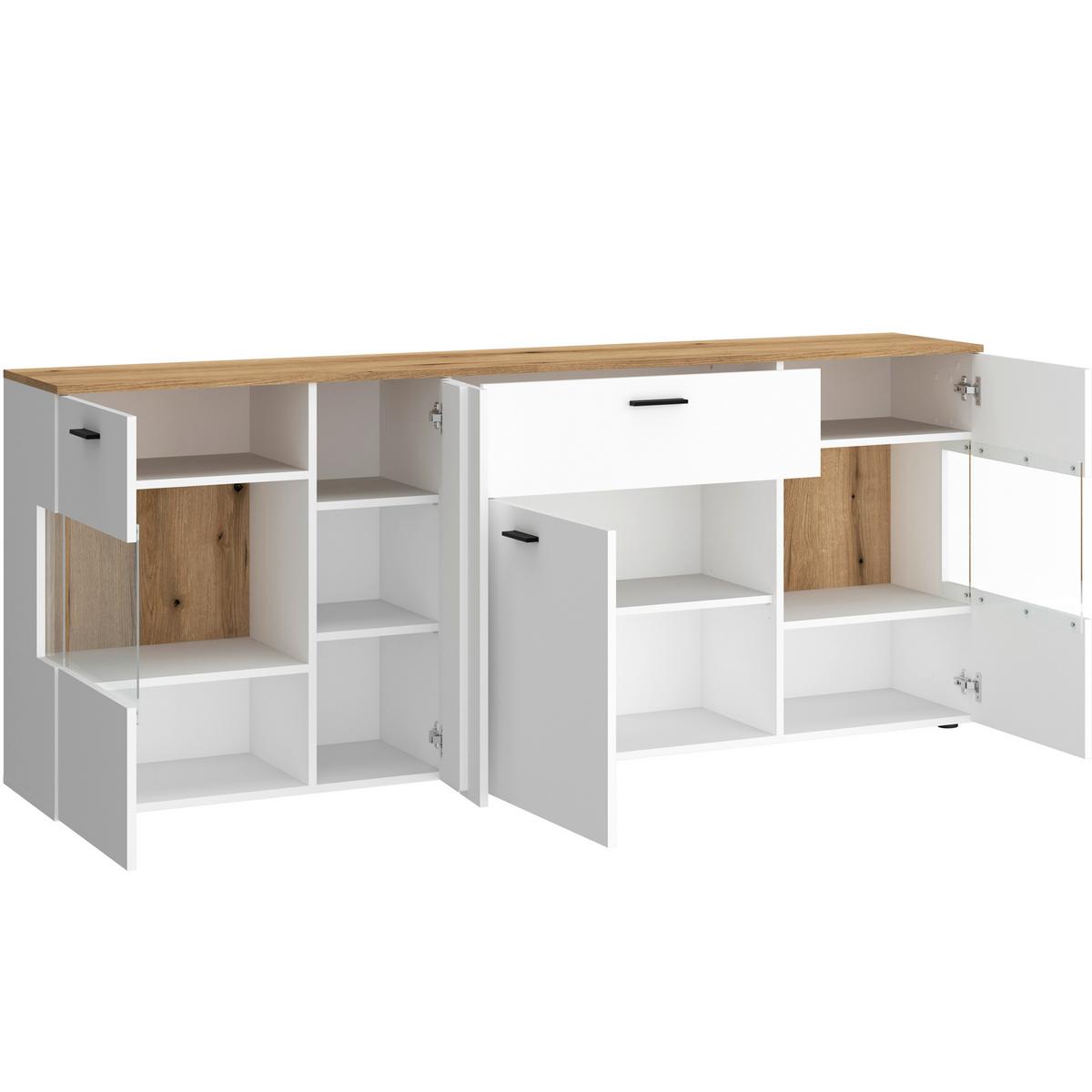 Comodă cu uși DALANO - alb/culoare lemn stejar, Trend, sticlă/material pe bază de lemn (199,1/83,4/42cm) - Modern Living