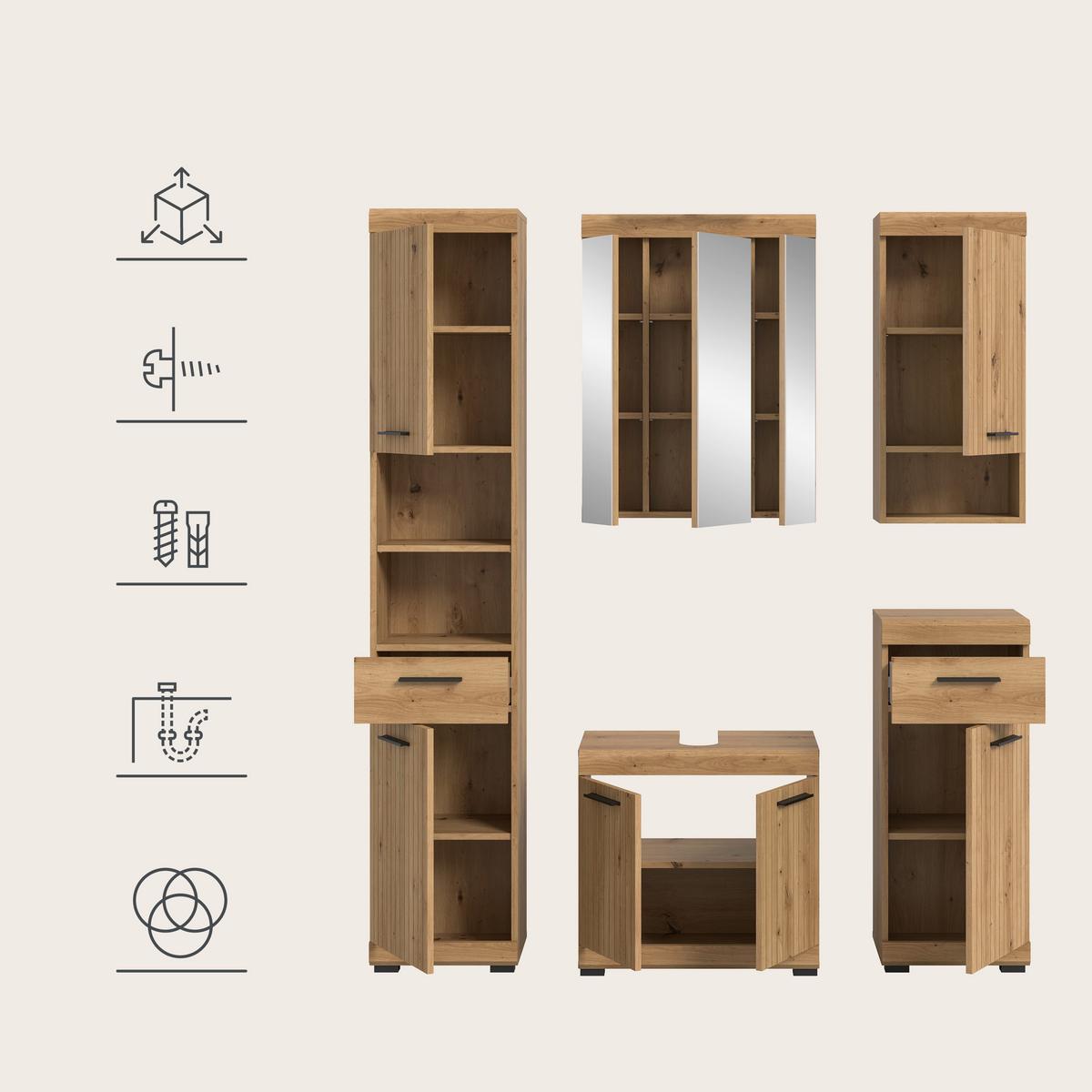 Badezimmer Scout Artisan Eiche 5-teilig - Schwarz/Eiche Artisan, Trend, Glas/Holzwerkstoff (134cm) - MID.YOU
