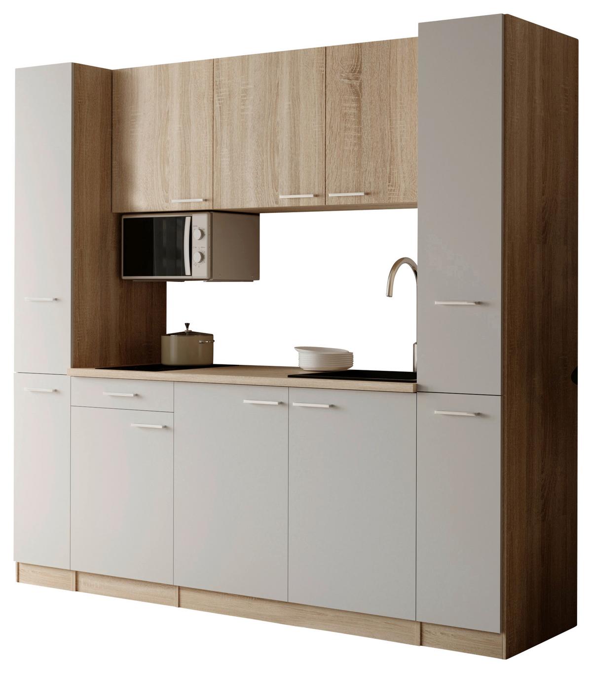 Küchenblock Ingrid m. Geräten Weiß - Eichefarben/Alufarben, Design, Holzwerkstoff/Kunststoff (210cm) - Respekta