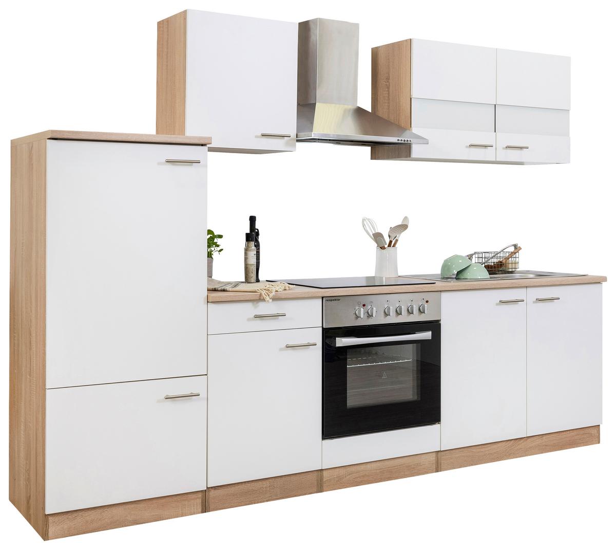 Küchenzeile Economy o. Geräte Weiß/Eiche B: ca. 270 cm - Edelstahlfarben/Eichefarben, Basics, Holzwerkstoff/Metall (270cm) - Respekta