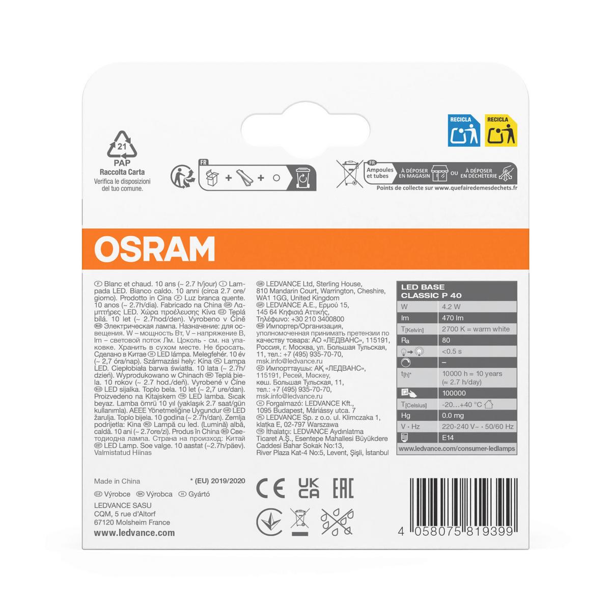 ŻARÓWKA LED BASECLP40 4W-827 GLFR - biały, Basics, szkło (4,5/8,4cm) - Osram