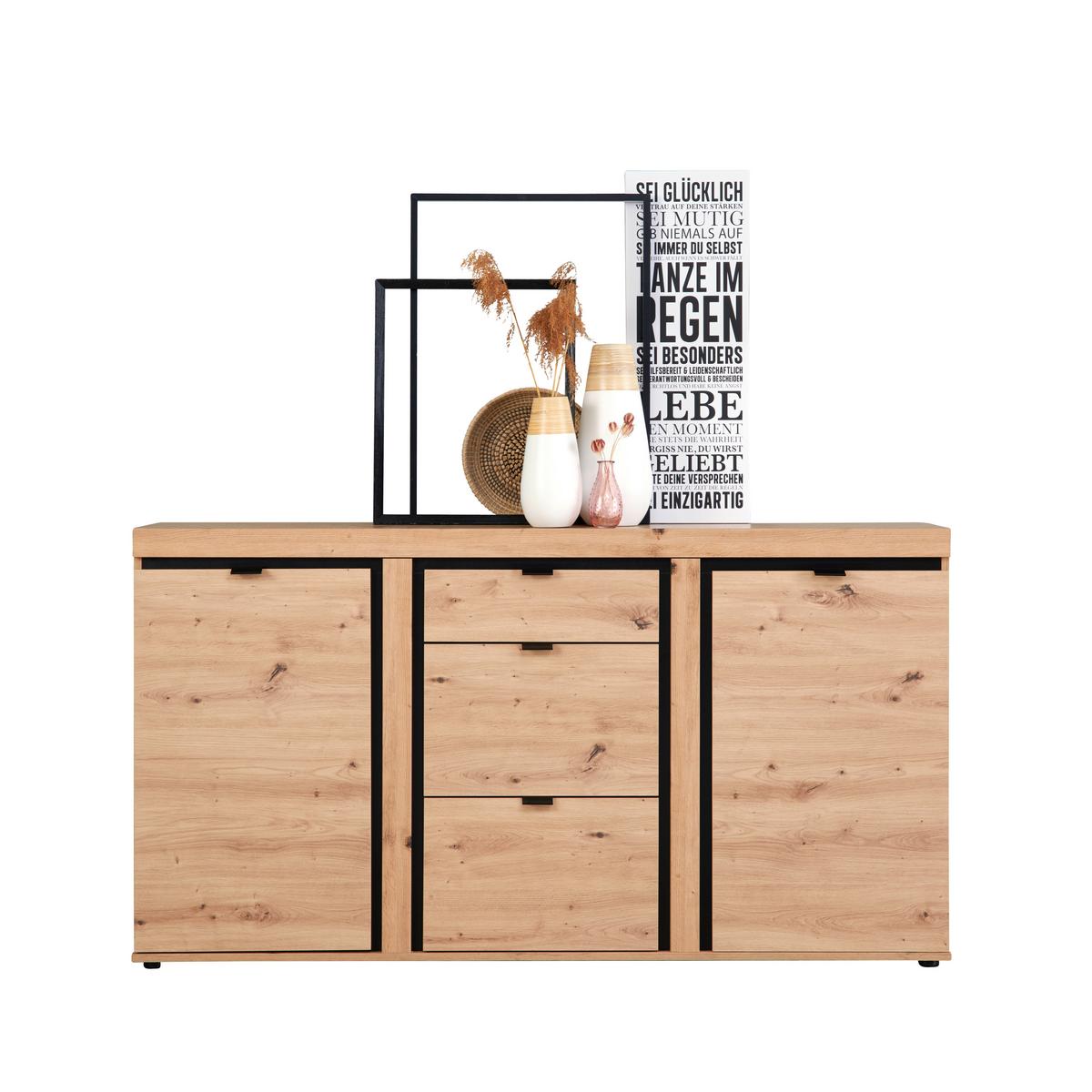 Comodă cu uși NYON - culoare lemn stejar/negru, Modern, material pe bază de lemn (167,3/90,9/40,5cm) - Modern Living
