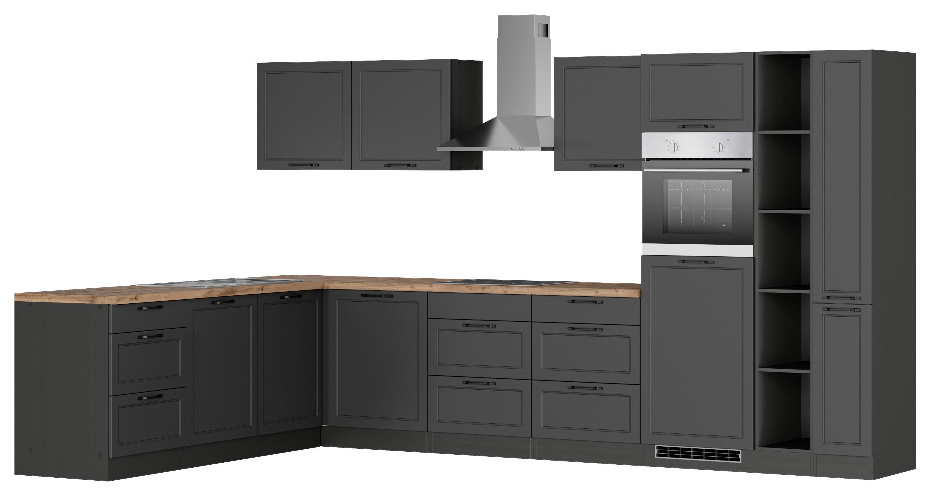 Eckküche Meran mit Geräten ca. 240x360 cm Grau/Eiche - Eiche Wotan/Schwarz, LIFESTYLE, Holzwerkstoff/Metall (240/360cm) - Held