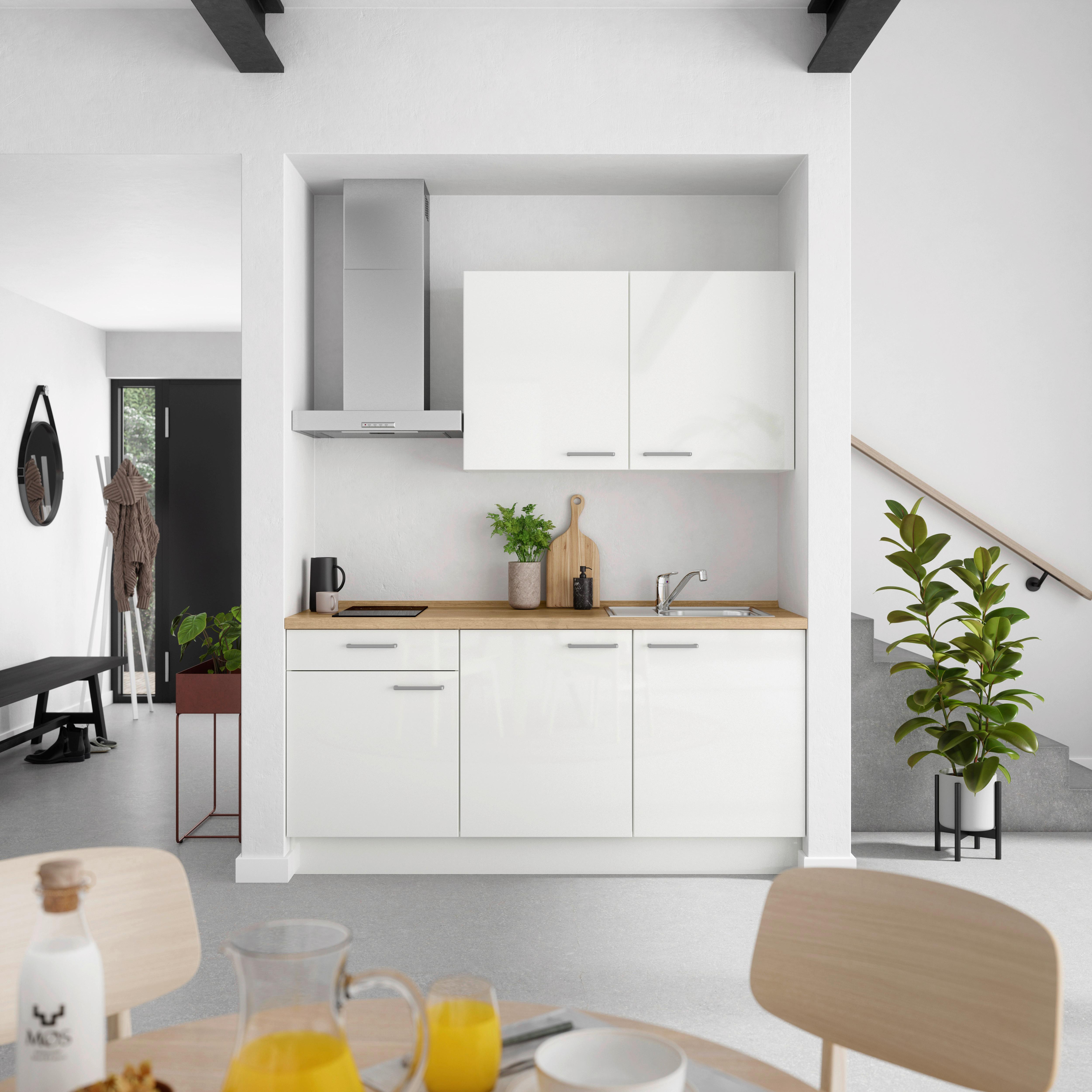 Küchenleerblock Flash Low o. Geräte Weiß - Edelstahlfarben/Eichefarben, MODERN, Holzwerkstoff/Metall (180cm) - Nobilia