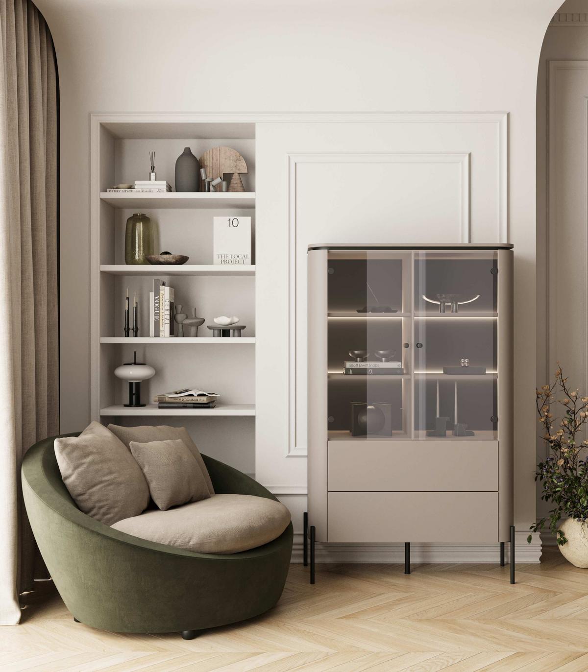 Vitrin Bello - bézs, Modern, faalapú anyag/Üveg (98/160/40cm)