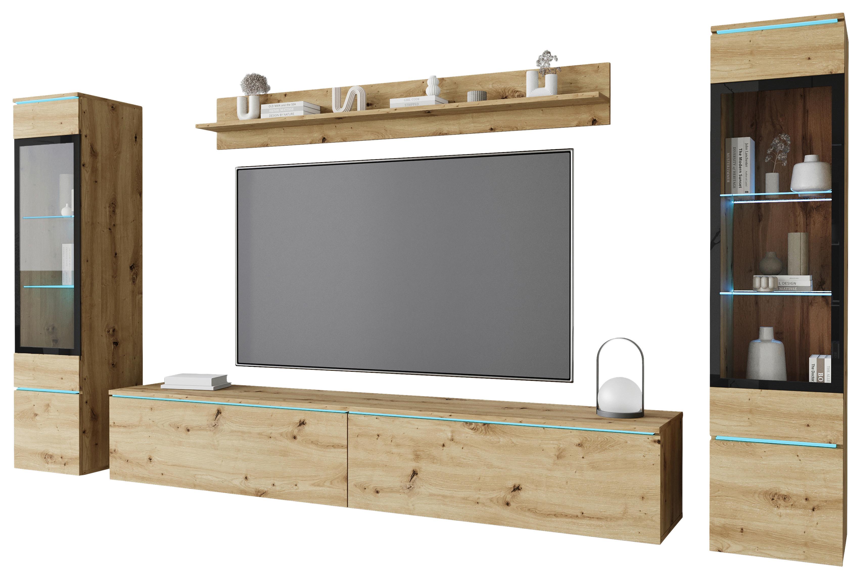 Wohnwand Vera II 4-tlg. ca. 240x130 cm Eiche Artisan - Eiche Artisan/Grau, Basics, Glas/Holzwerkstoff (240/130/33cm) - Livetastic