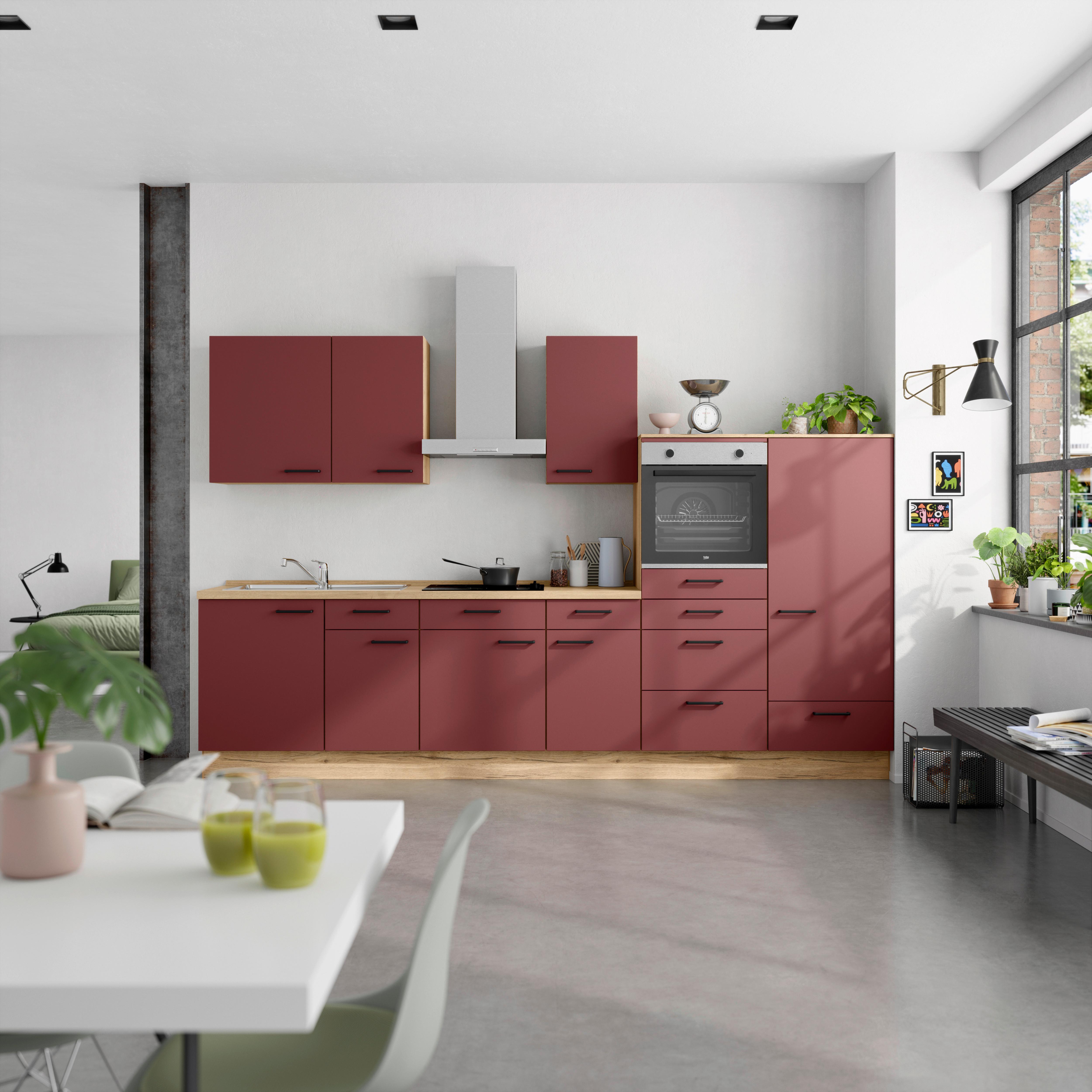 Küchenblock Easytouch Low m. Geräten Dunkelrot - Eichefarben/Schwarz, MODERN, Holzwerkstoff/Metall (330cm) - Nobilia