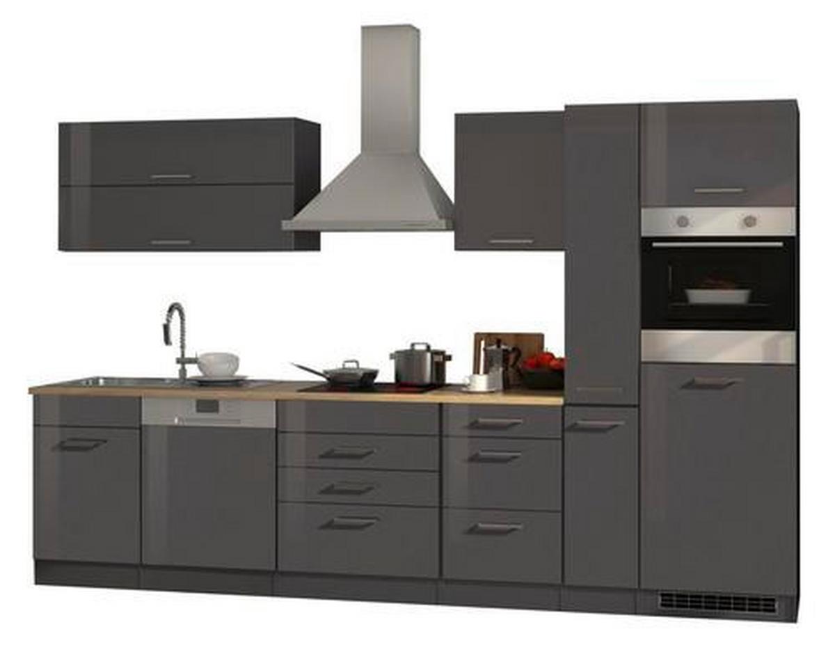 Küchenblock in Anthrazit inkl. E-Geräte 'Mailand' - Chromfarben/Eichefarben, Basics, Holzwerkstoff/Metall (330cm) - MID.YOU