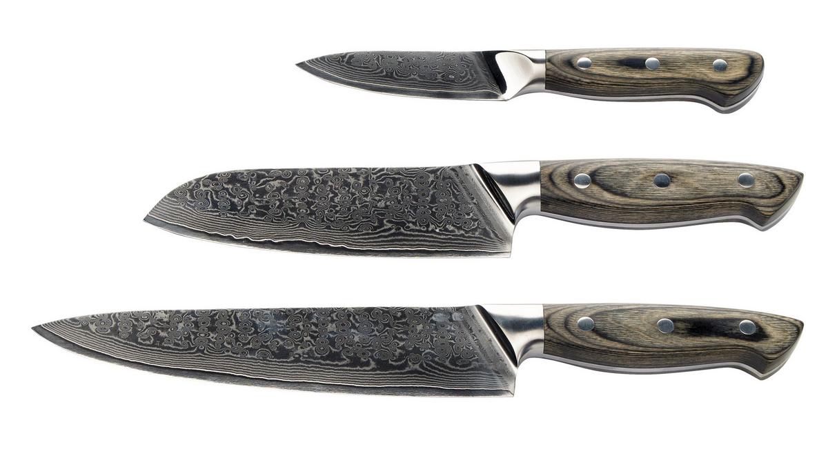 Messerset Damast, 3-teilig - Silberfarben/Grau, Holzwerkstoff/Metall (36,2/3,2/17,4cm) - Premium Living