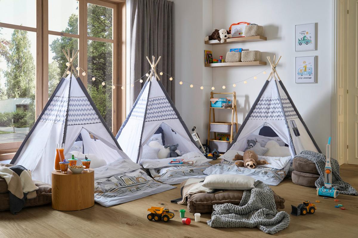 NAMIOT DO ZABAWY TIPI TIMO - jasnoszary/biały, Basics, drewno/tkanina (120/150/120cm) - My Baby Lou