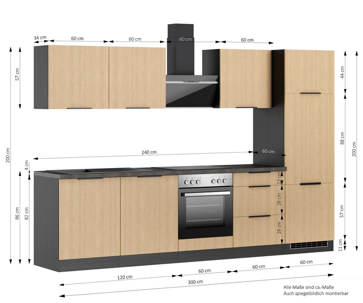 Küchenblock Glasgow m. Geräten Eiche/Graphit - Eichefarben/Graphitfarben, LIFESTYLE, Holzwerkstoff/Metall (300cm) - Held
