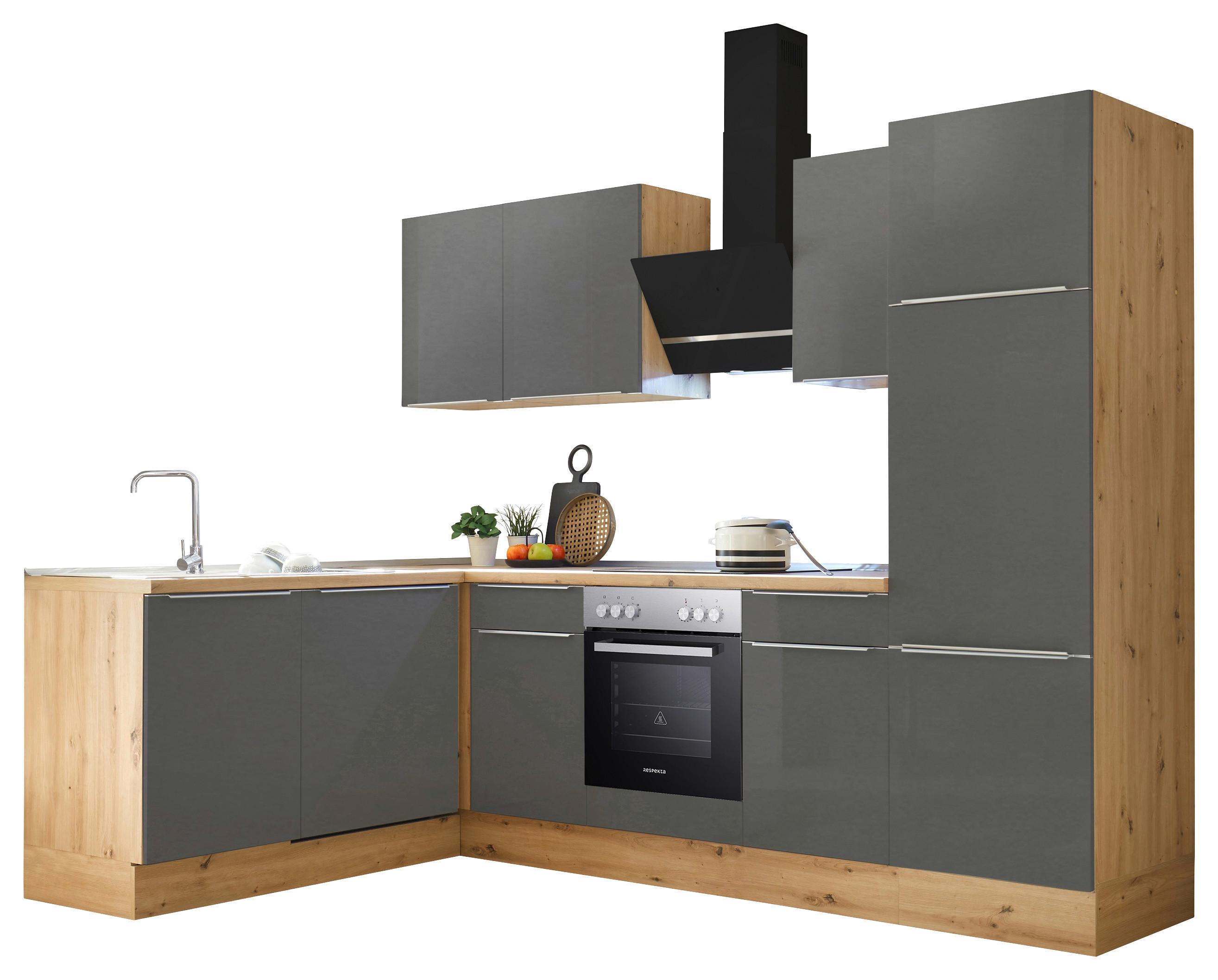 Eckküche Marleen mit Geräten Grau/Eiche ca. 280x170 cm - Anthrazit/Alufarben, LIFESTYLE, Holzwerkstoff/Kunststoff (280/170cm) - Respekta