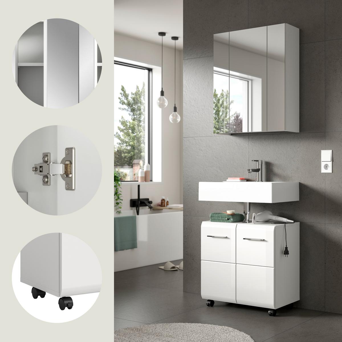 Badezimmer Ice Weiß/Weiß Hochglanz 2-teilig - Weiß Hochglanz/Silberfarben, Trend, Glas/Holzwerkstoff (60cm) - MID.YOU