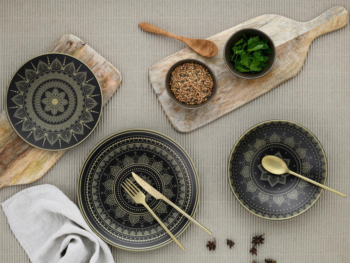 Jedilni Servis Mandala, 12-Delni - zlate barve/črna, keramika - Creatable