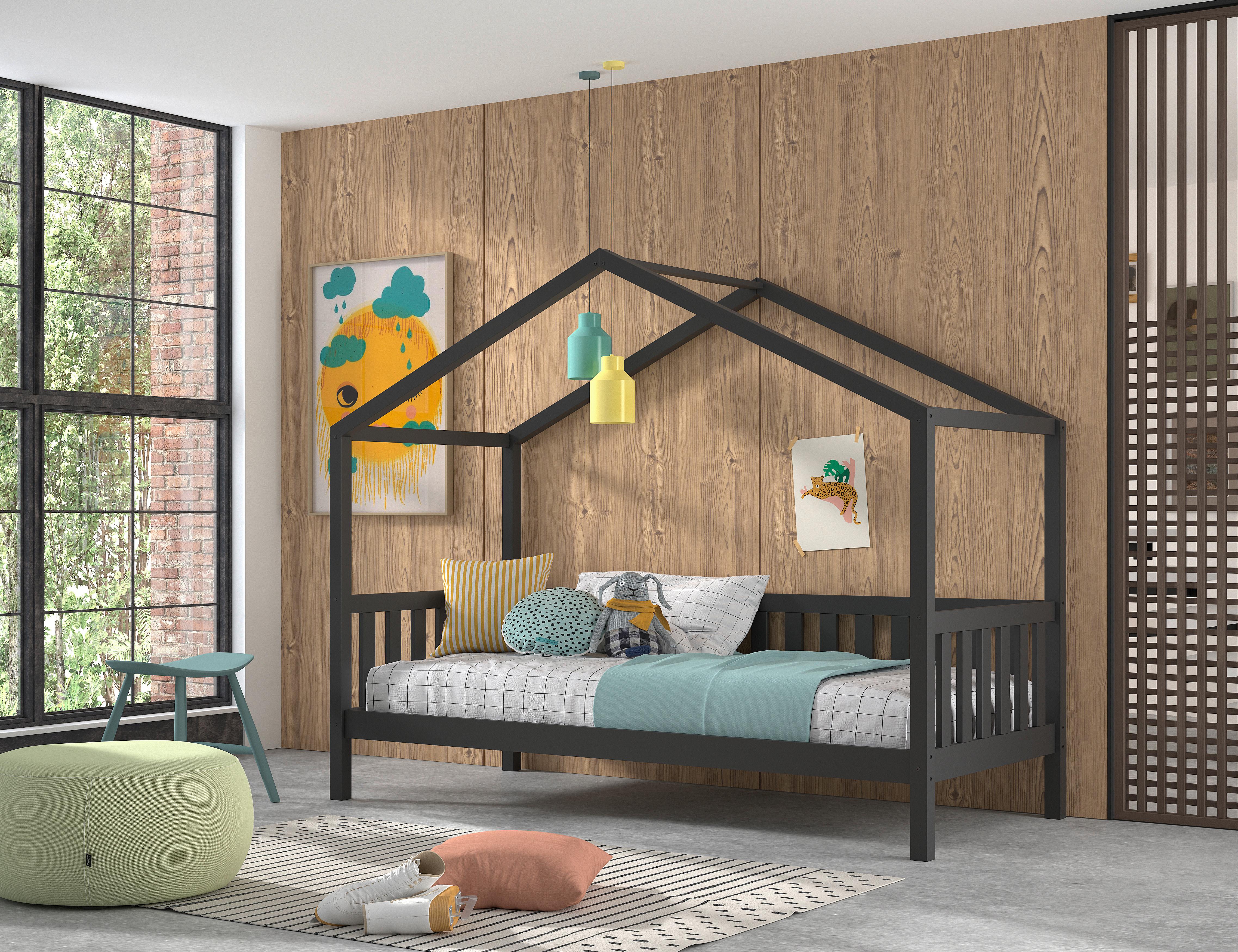 Hausbett DALLAS Anthrazit ca. 90x200 cm Echtholz - Anthrazit/Naturfarben, ROMANTIK / LANDHAUS, Holz (90/200cm) - Vipack