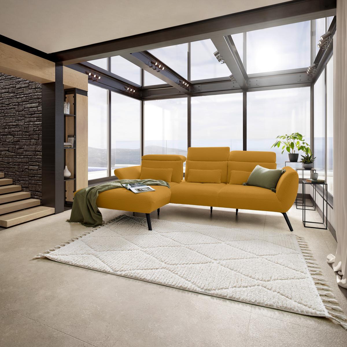 Wohnlandschaft Seattle Senfgelb - Senfgelb/Schwarz, MODERN, Holzwerkstoff/Textil (196/87-107/301cm) - Premium Living