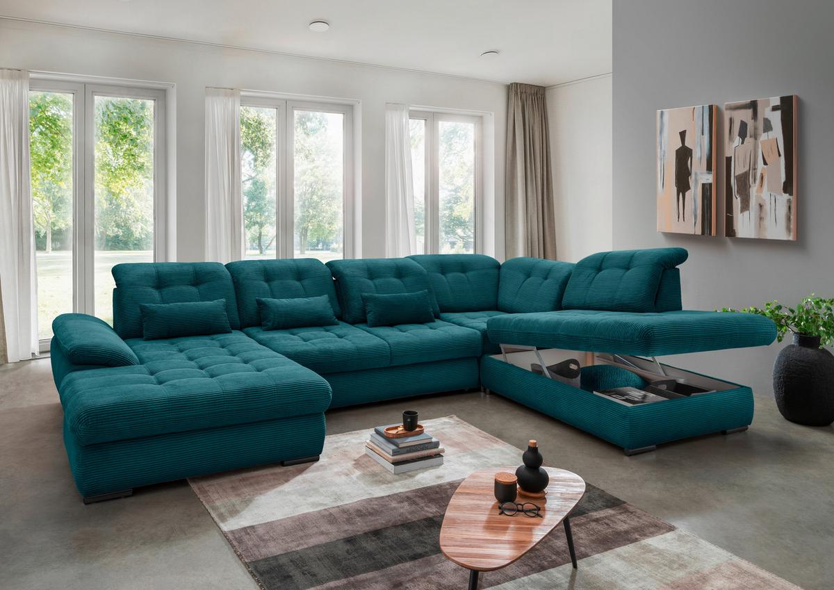 Wohnlandschaft Rigatti Petrol Cord mit Bettkasten - Petrol/Schwarz, MODERN, Textil/Metall (184/387/252cm) - Livetastic