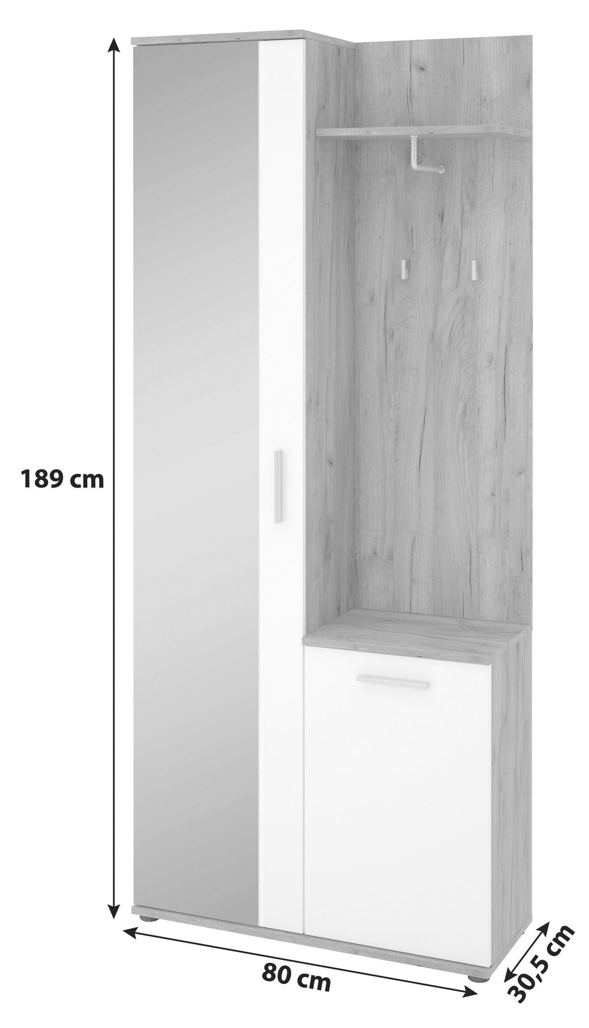 Predsoblje Xara - bijela/boje hrasta, Moderno, staklo/drvni materijal (80/189/30,5cm) - Modern Living