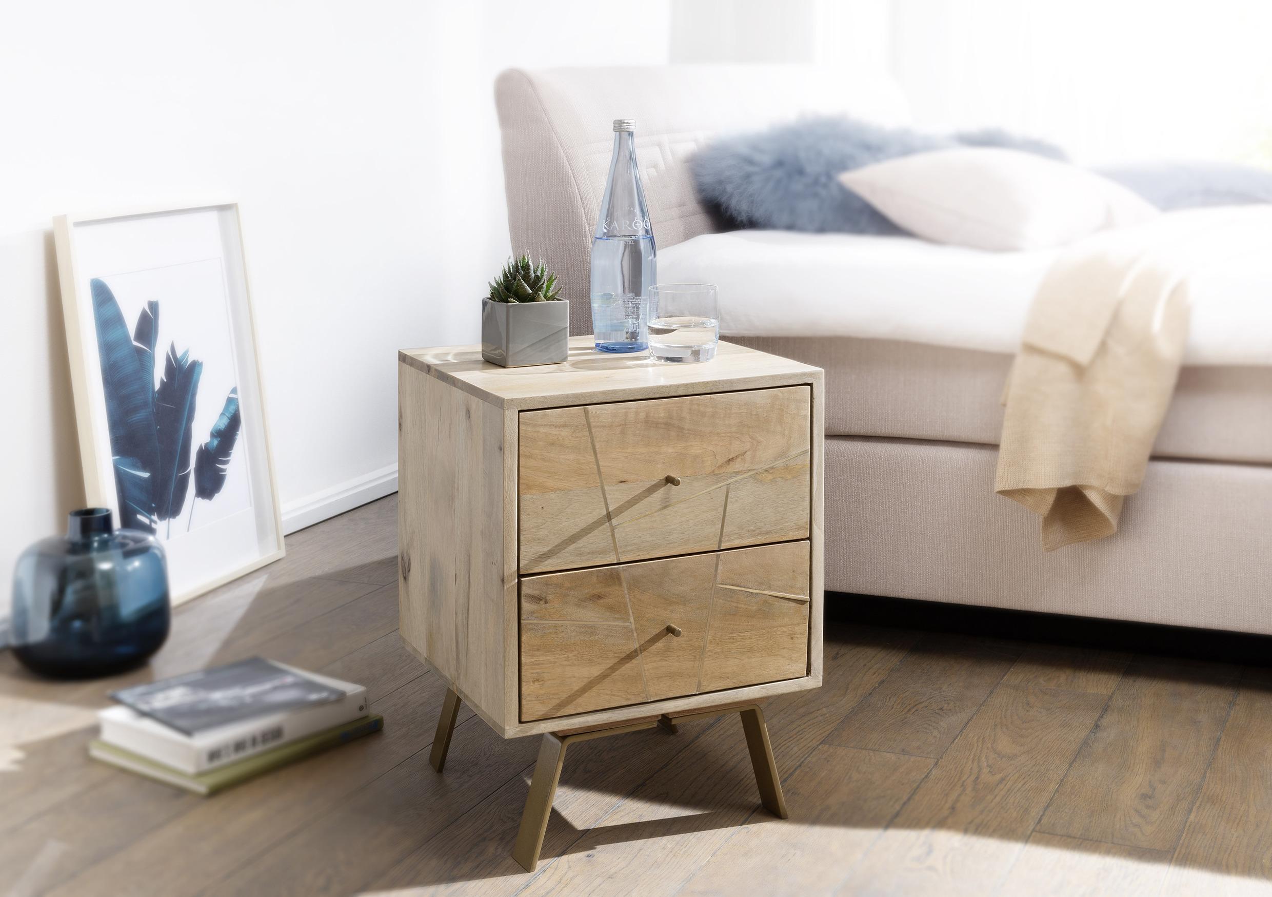 Nachtkästchen "Sikar", aus Mango, braun/gold - Goldfarben/Braun, MODERN, Holz/Metall (40/56/40cm) - MID.YOU
