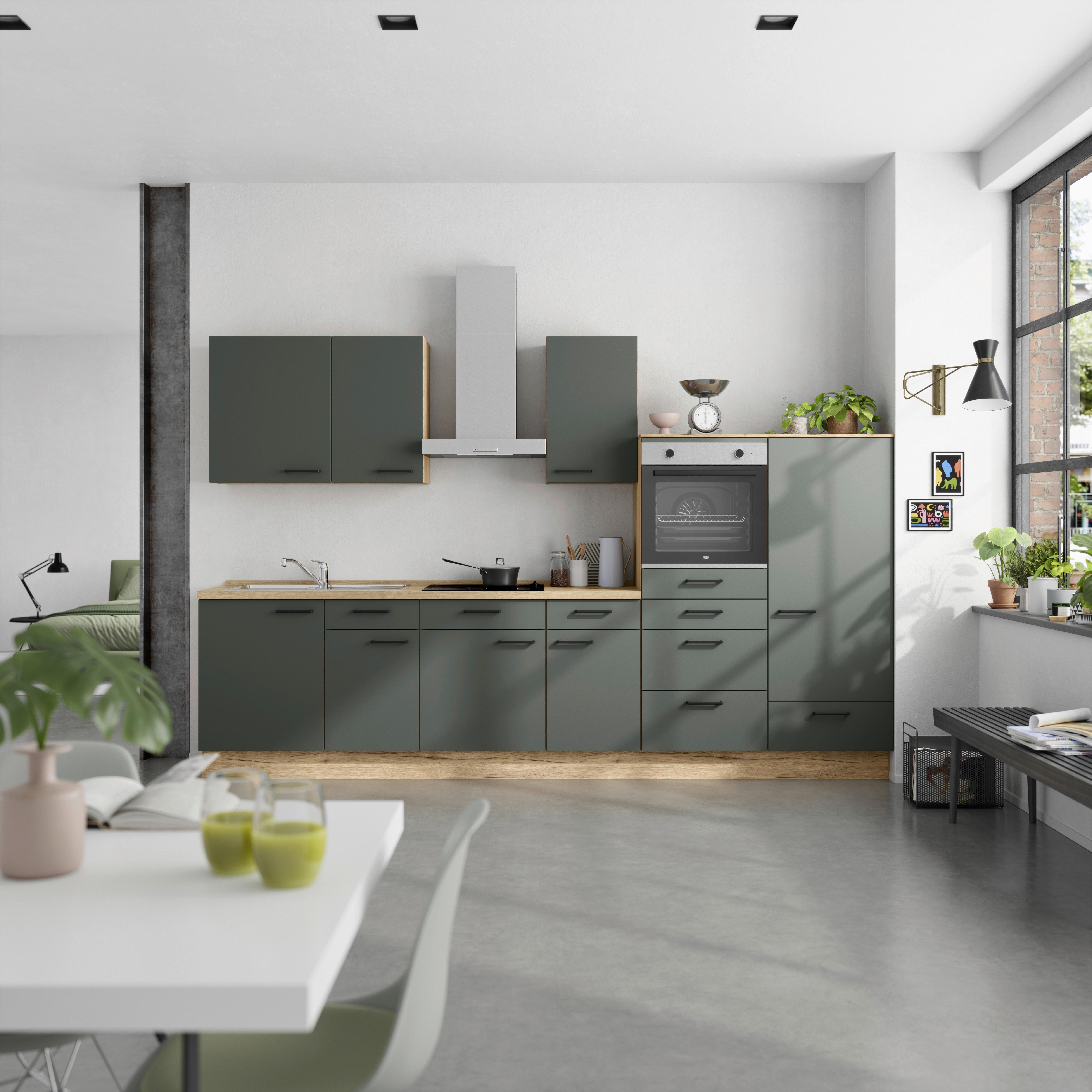 Küchenblock Easytouch m. Geräten Dunkelgrün - Dunkelgrün/Eichefarben, MODERN, Holzwerkstoff/Metall (330cm) - Nobilia